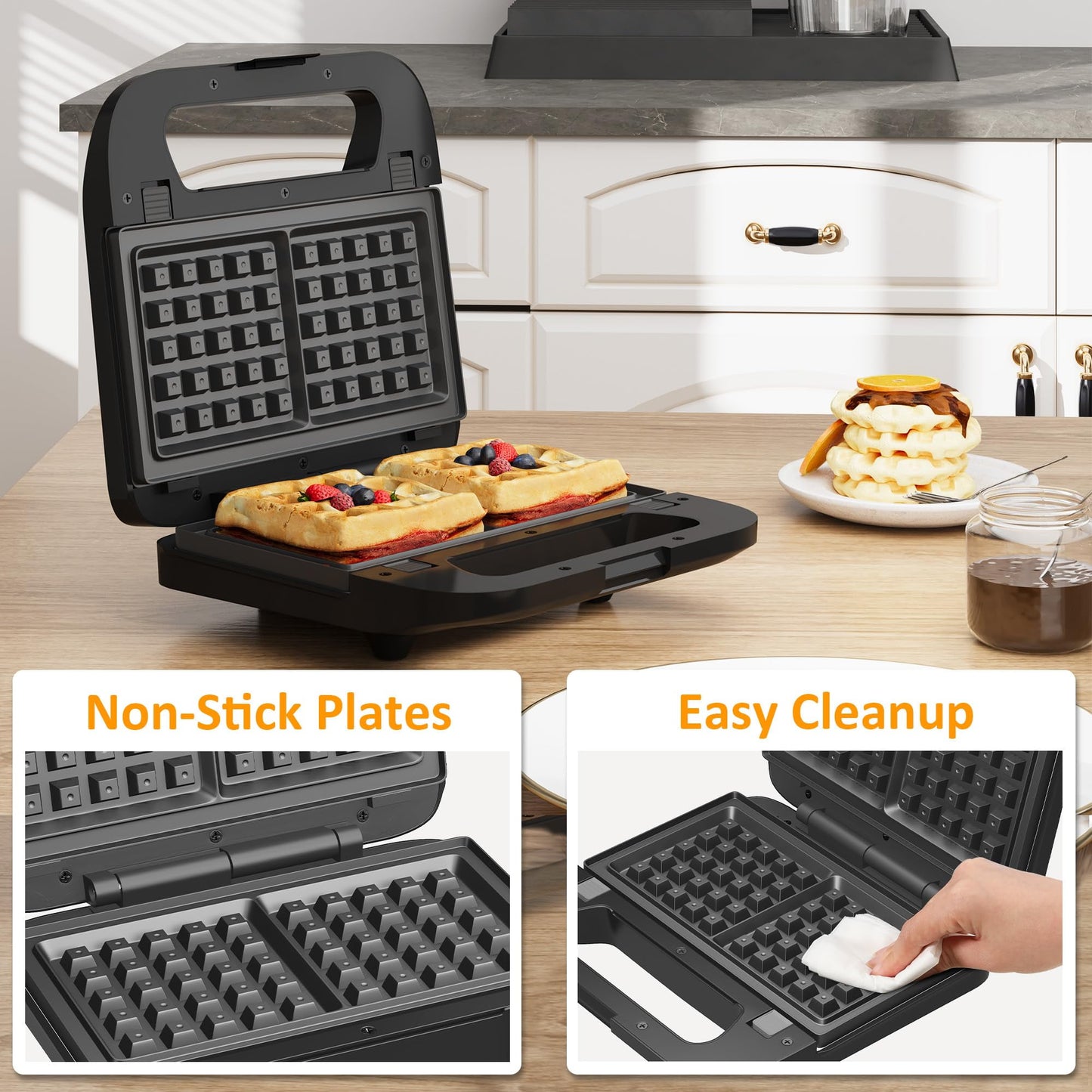 Heynemo Pro 3 in 1 Waffle, Grill & Sandwich Maker, Sandwich Maker Panini Press Waffle Iron Set with Removable Non-Stick Plates & Indicator Lights, Grill and Sandwich Press for Breakfast, 750W, Black