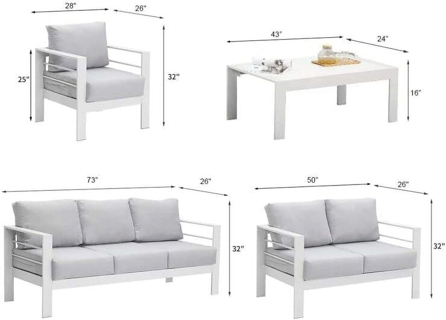 CozyHom 7 Seats Contemporary Outdoor Patio Aluminum Sofa Furniture Sets Modern Patio Sectional Conversation Couch Sets Sectional Sofa Chair Set, White