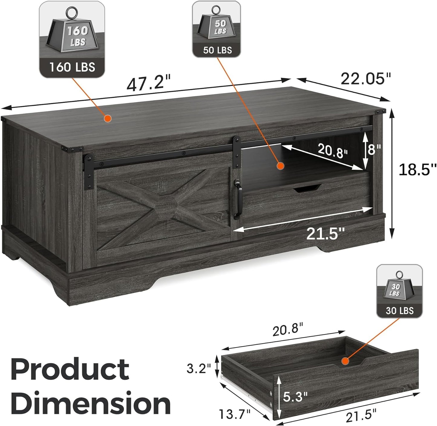 Superjoe 48" Farmhouse Coffee Table w/Storage & Sliding Barn Door Wood Rectangular Center Table w/Open Shelves for Living Room, Dark Gray