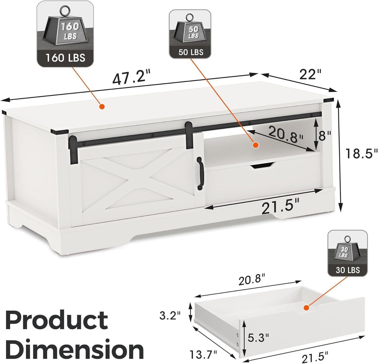 Superjoe 48" Farmhouse Coffee Table w/Storage & Sliding Barn Door Wood Rectangular Center Table w/Open Shelves for Living Room, Dark Gray