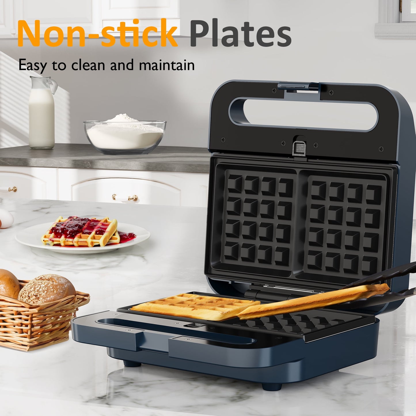 Heynemo Versatile 3-in-1 Waffle Maker & Panini Press, 1000W Electric Sandwich Maker with Removable Non-Stick Plates, Tempered Glass Lid, Cool Touch Handle & Easy Cleanup