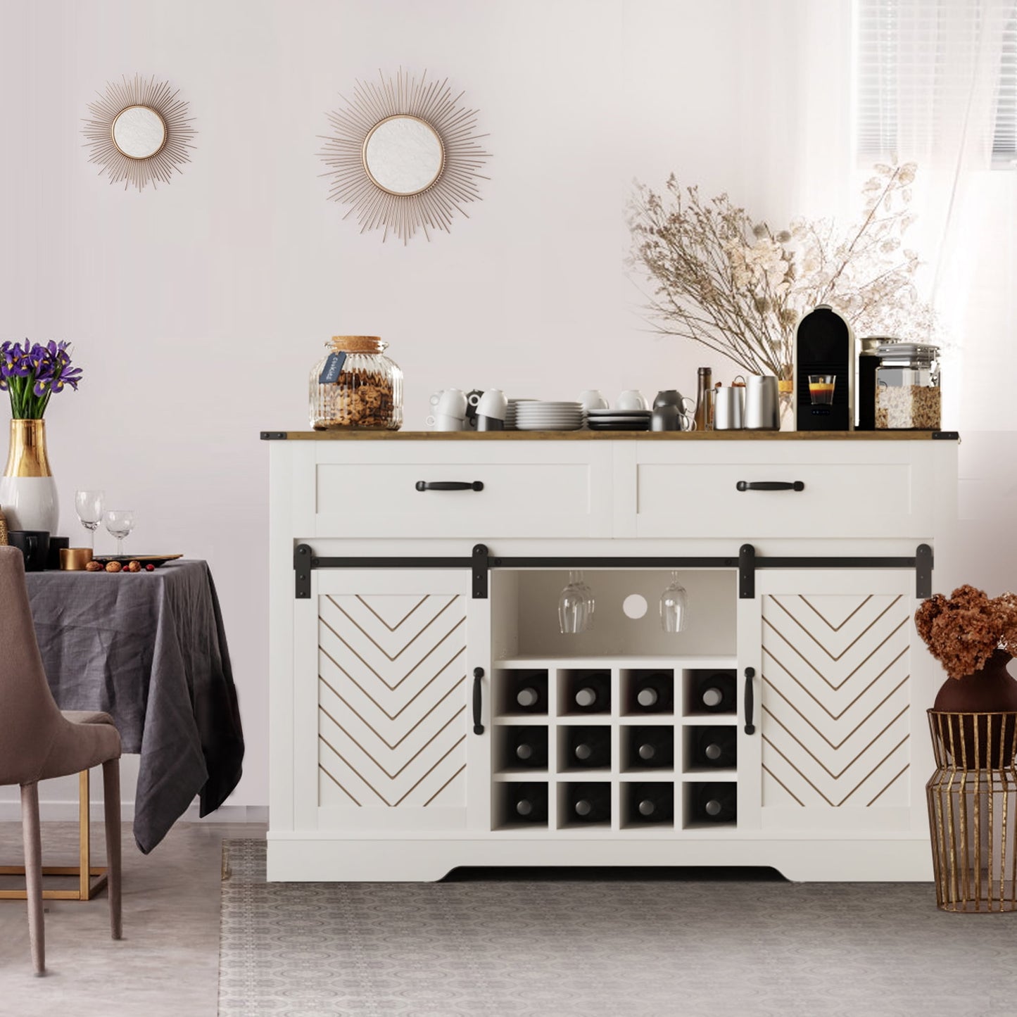 CozyHom Farmhouse Coffee Bar Cabinet, Buffet Sideboard Cabinet With 2 Drawers, Kitchen Storage Cabinet With Sliding Barn Door, Whtie And Brown