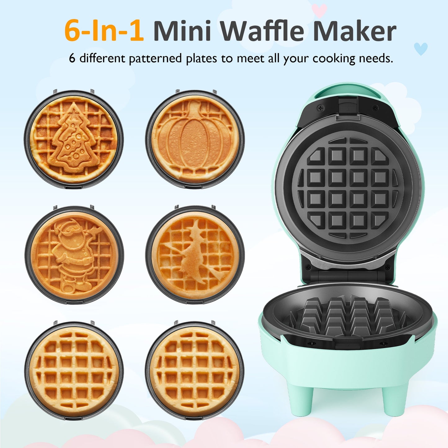 Heynemo 6-in-1 Mini Waffle Maker, 4" Waffle Iron with Nonstick Removable Plates (Santa, Christmas Tree, Witch, Pumpkin), Light Blue