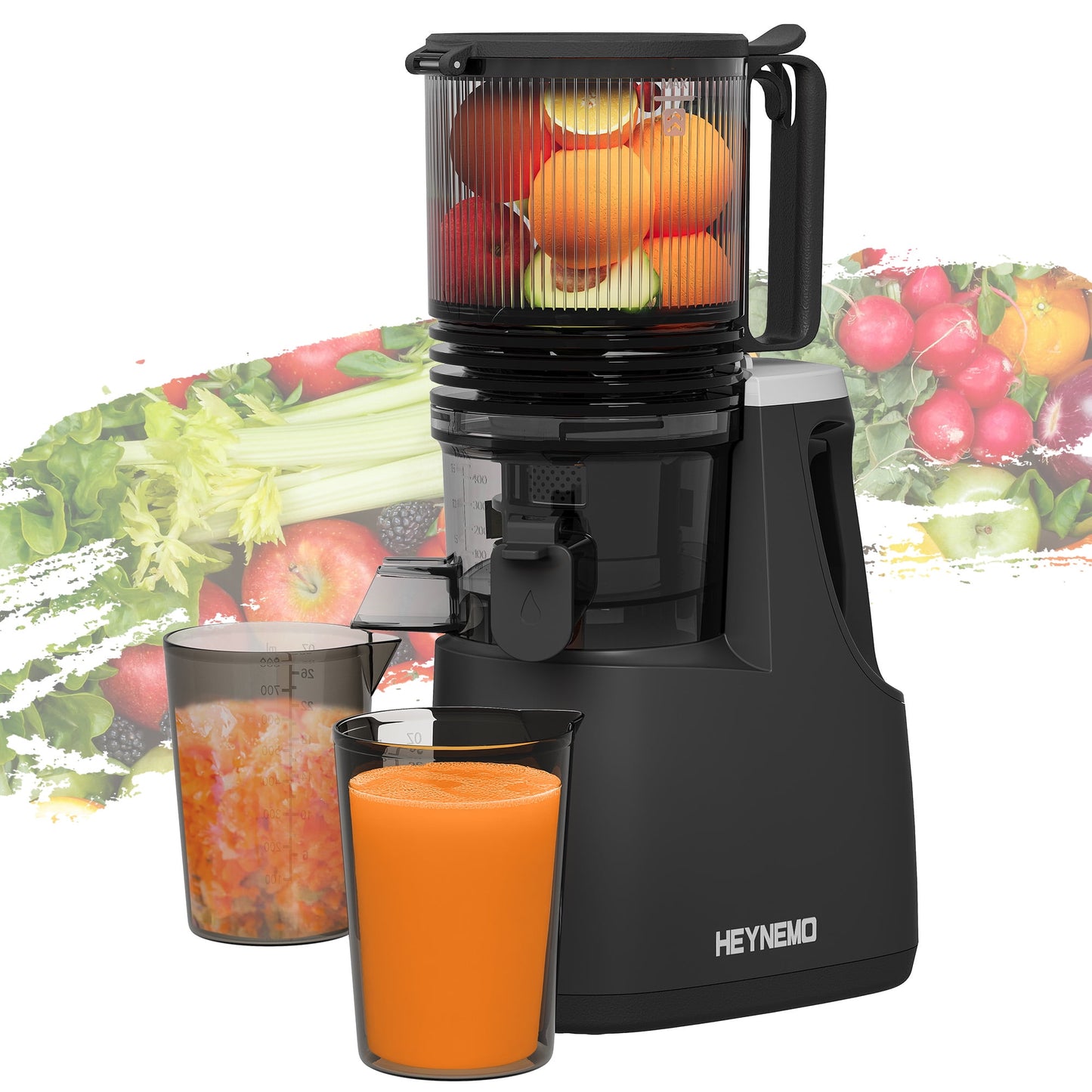 Heynemo Cold Press Juicer Machine, 5.9" Wide Feed Chute, Masticating, Dual-Layer Strainer - Black