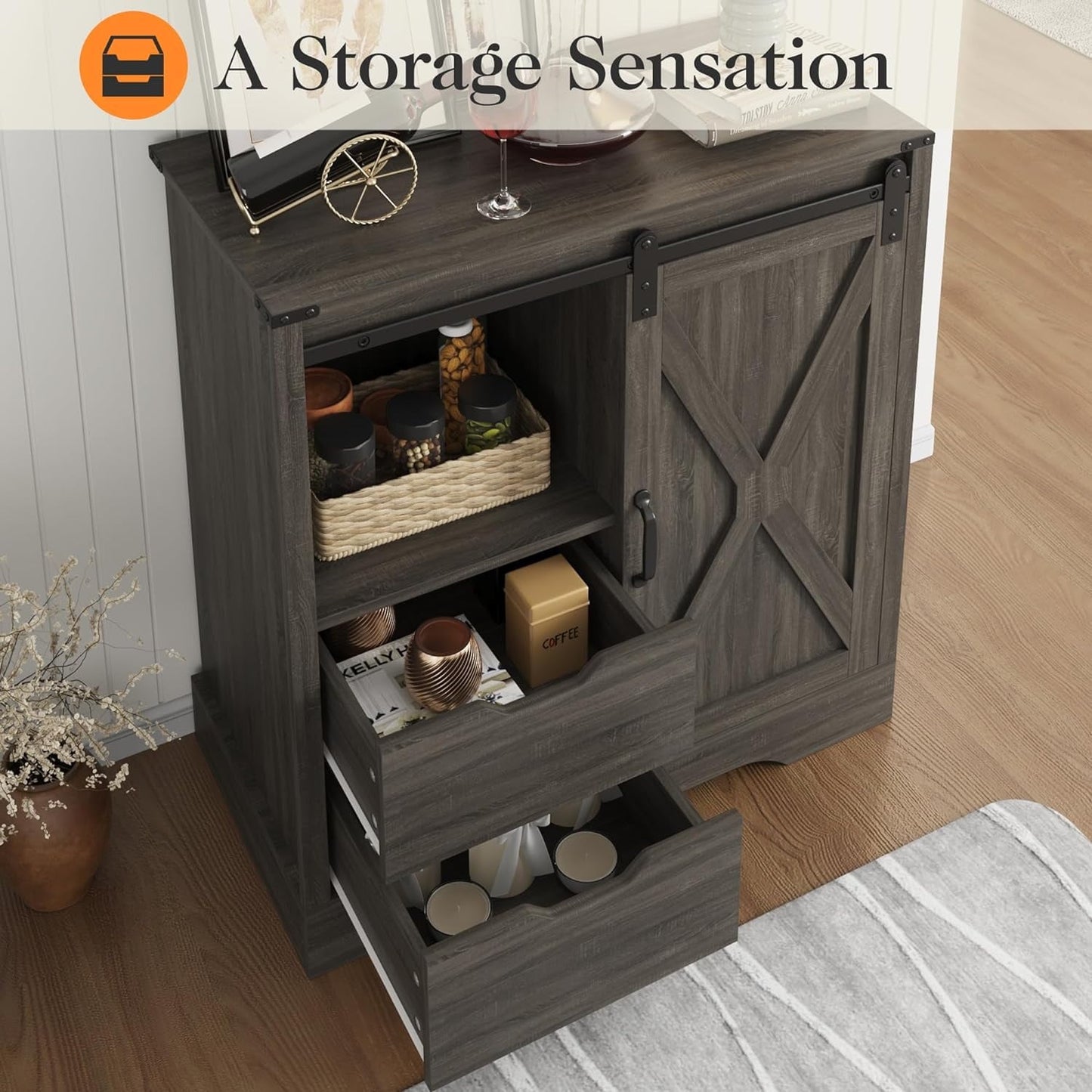 Heneymo Superjoe Buffet Storage Cabinet, 33" Farmhouse Coffee Bar Cabinet w/Sliding Door, Wooden Sideboard Rustic Cabinet Table for Dining Room Living Room Entryway, Light Gray