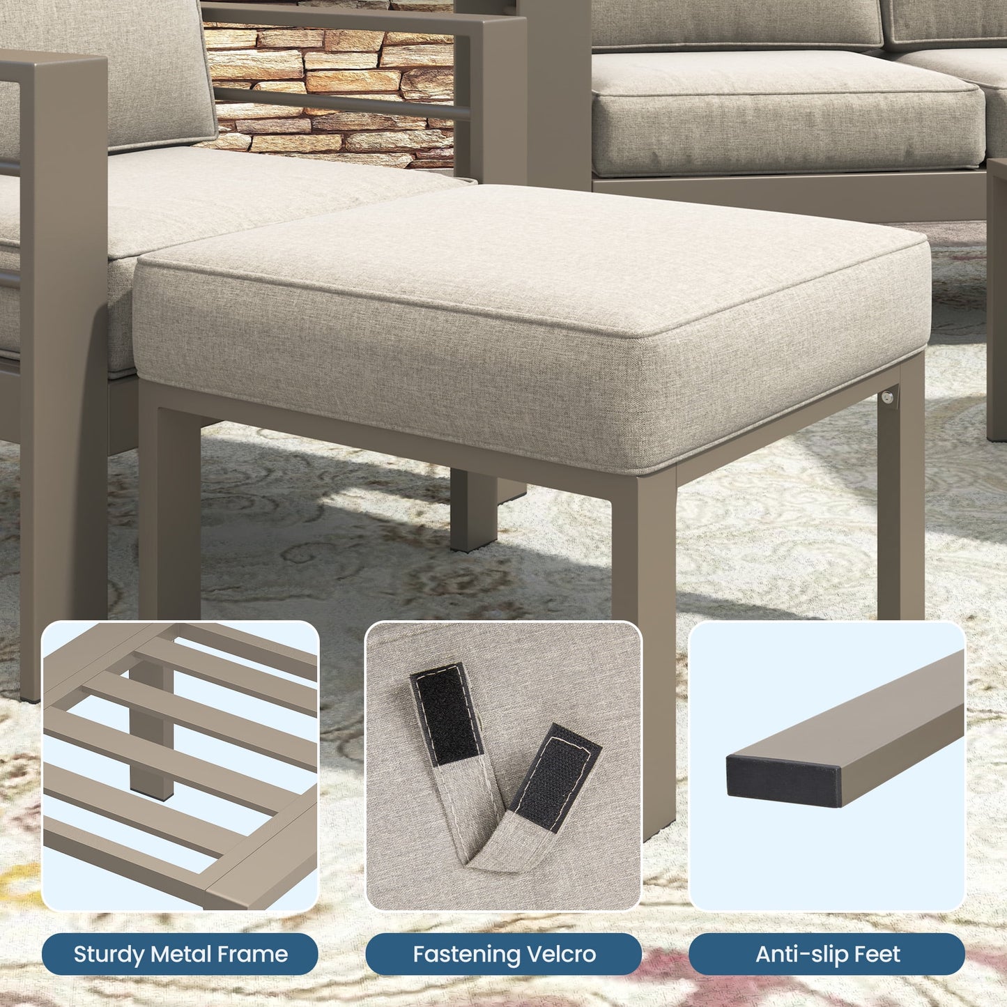 Heynemo Patio Furniture Footstools Metal Ottomans Set of 2, Metal Outdoor Ottomans with Upgraded Cushions, All-weather Outdoor Footrest Seat for Balcony, Garden, Deck, Backyard, Beige