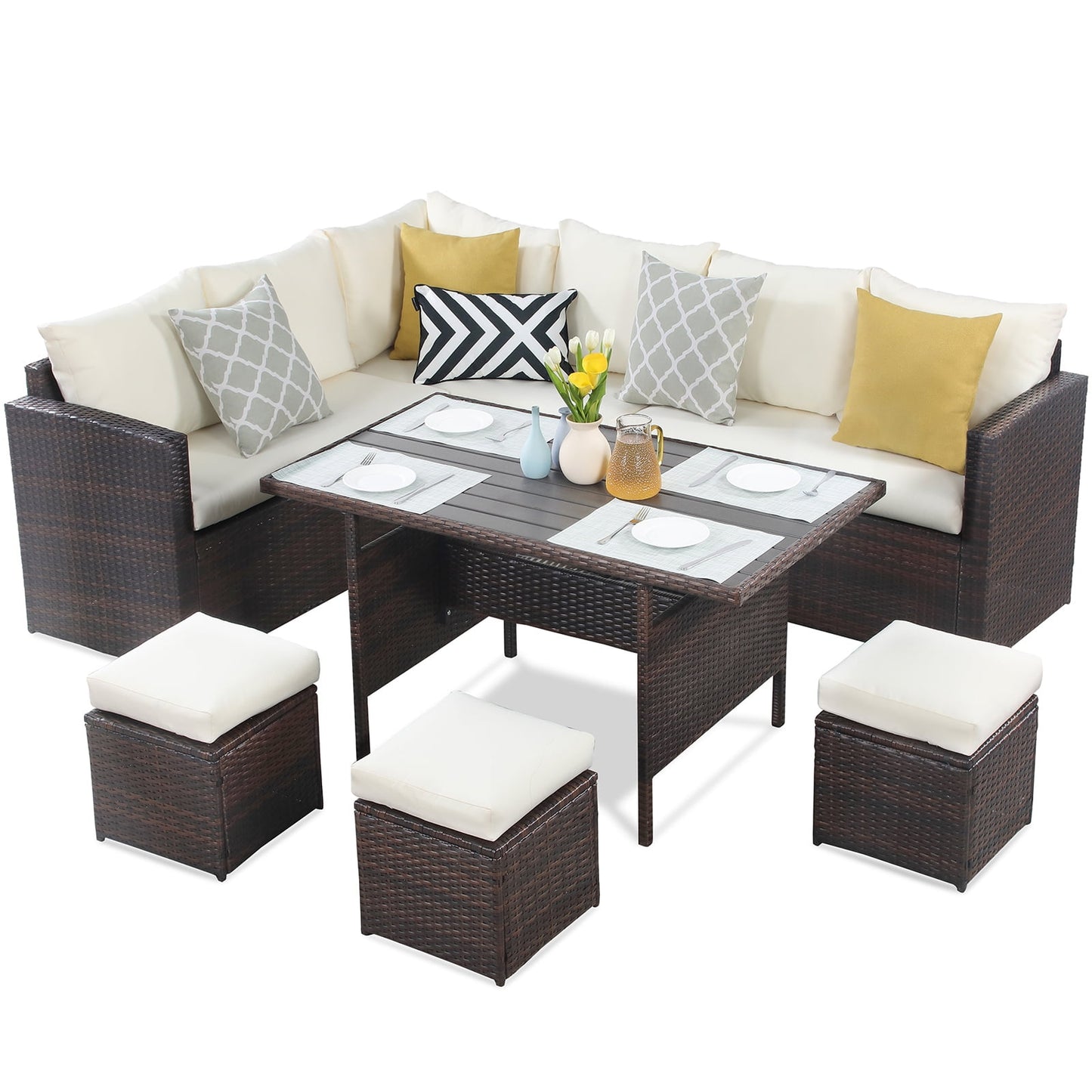 Superjoe 7 Pcs Outdoor Conversation Set All Weather Wicker Sectional Sofa Set Dining Table Chair and Ottoman,Steel Frame,Ivory