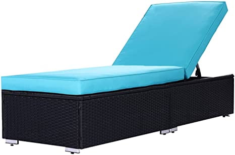 Sunvivi Outdoor Chaise Lounge, Patio Lounge Chair Wicker Adjustable Reclining Chair for Pool with Removable Cushion, Blue