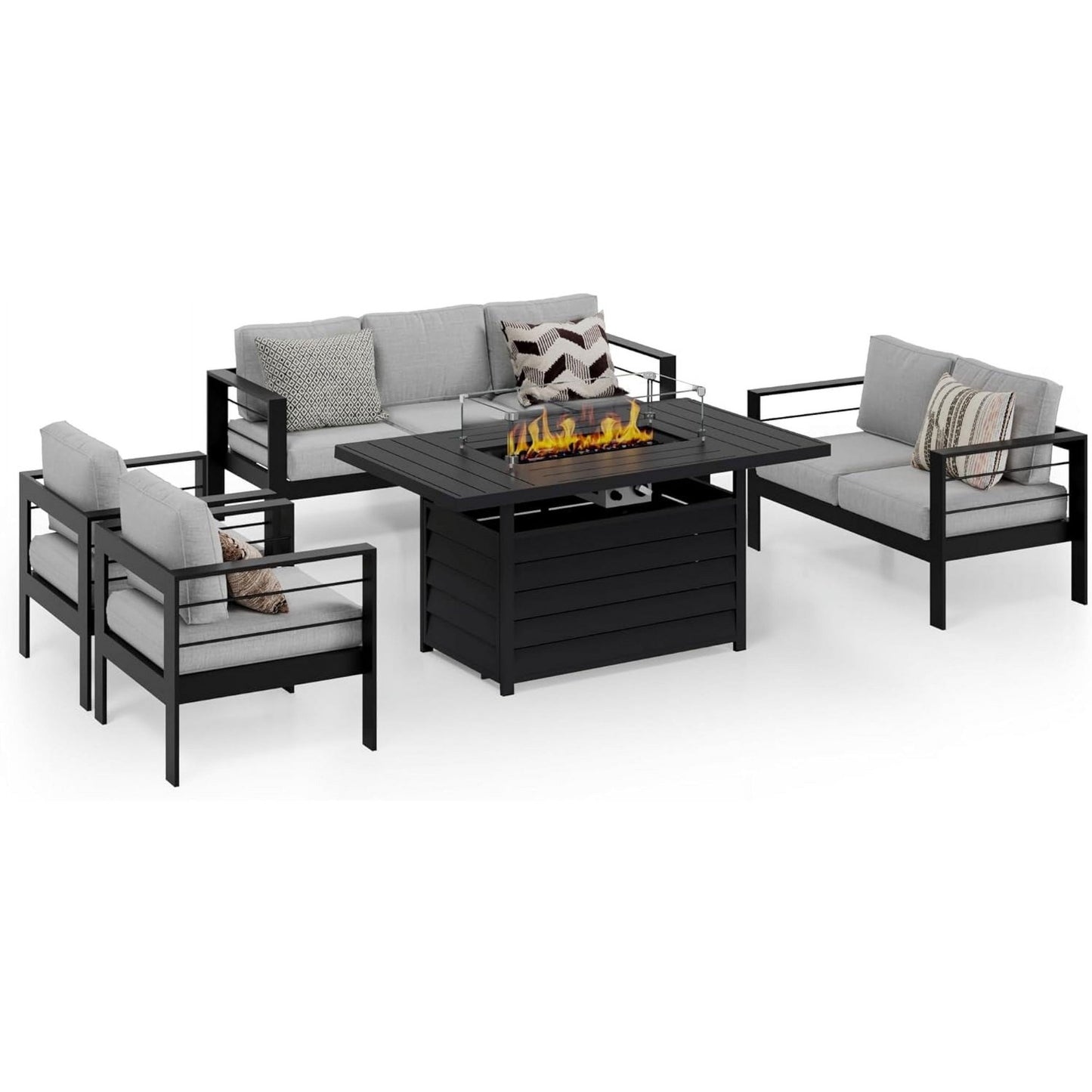 Heynemo Superjoe Outdoor Furniture Set w/CSA Certified 54in Propane Gas Fire Pit Table, 7 Seats Aluminum Patio Conversation Sofa with 5in Olefin Cover Cushions, White