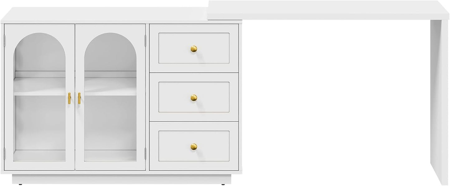 RoyalCraft 83?¡À Large Extendable Makeup Vanity Desk, Corner Vanity Table with 3 Drawer & 2 Door, Modern Dressing Table and Chest of Drawers Combo, Accent Vanity for Bedroom, Dressing Room
