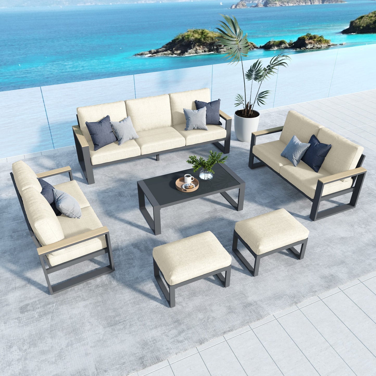 Heynemo 2 Pieces Aluminum Outdoor Patio Ottoman Set, Outdoor Foot Stools with Thick Cushion, Small Seat Furniture for Porch Balcony Backyard, Beige