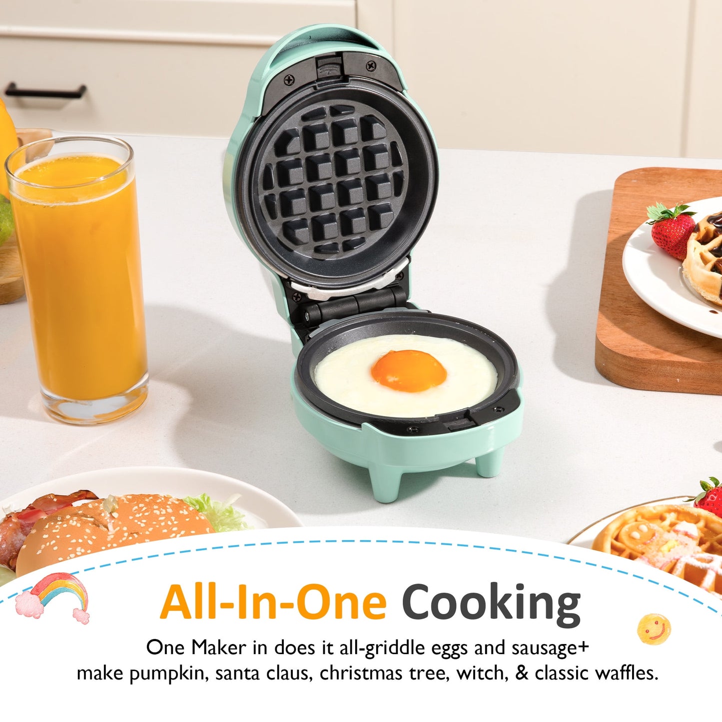 Heynemo 6-in-1 Mini Waffle Maker, 4" Waffle Iron with Nonstick Removable Plates (Santa, Christmas Tree, Witch, Pumpkin), Light Blue