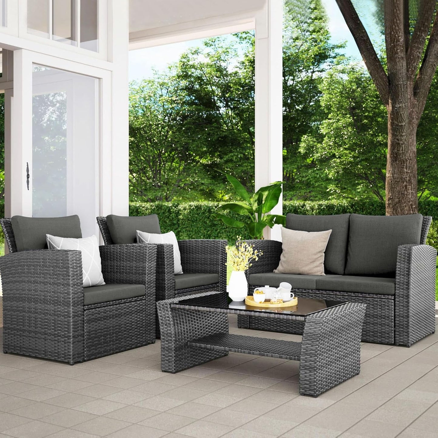 CozyHom 4 Pcs Outdoor Patio Furniture Sets Wicker Sofa Sets, Rattan Conversation Sofa Sets With Cushion For Backyard Lawn Garden And Porch Deck, Black
