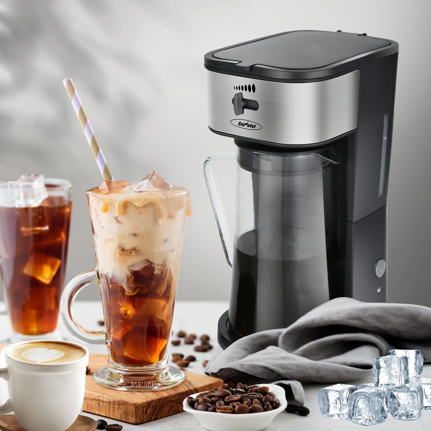 SUNVIVI 3 Quart Iced Tea Maker Iced Coffee Maker with Glass Pitcher for Hot/Cold Water,Iced Tea Coffee Maker with Strength Selector,Stainless Steel, Black