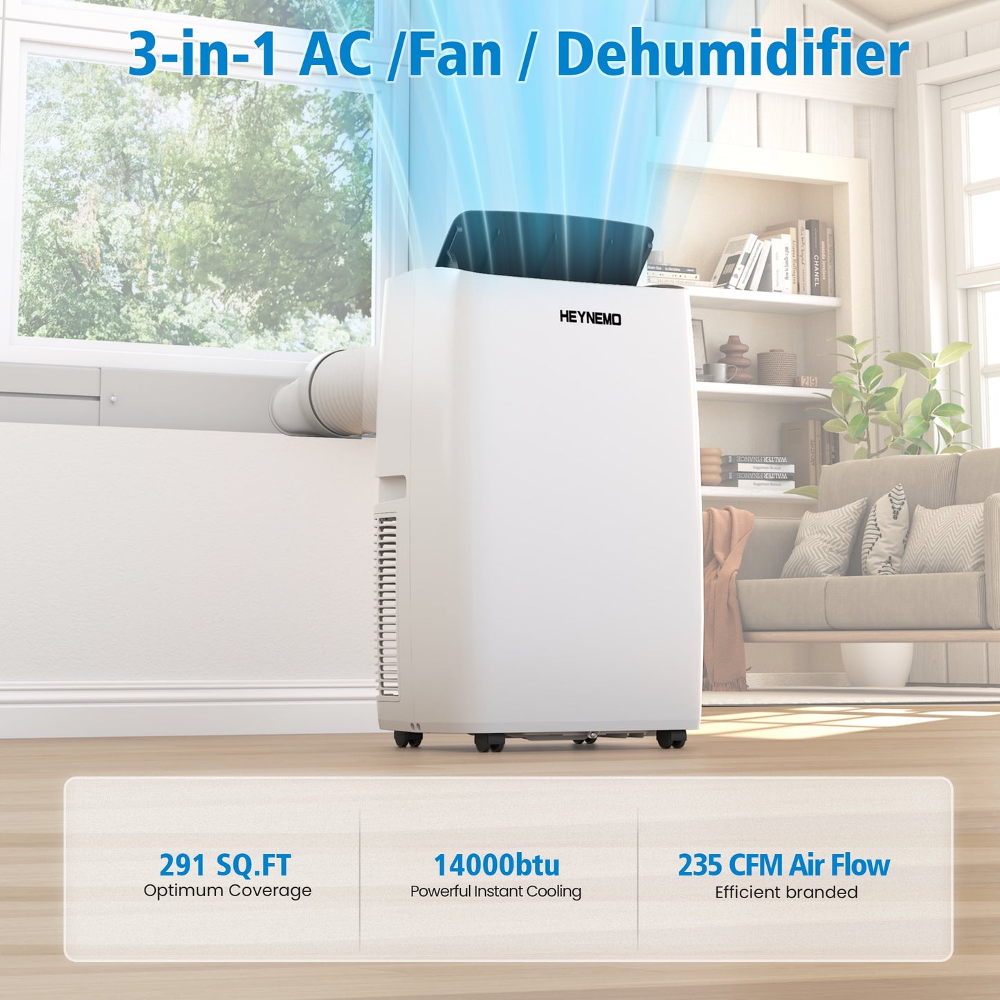 Heynemo 14,000 BTU 3-in-1 Portable Air Conditioner with Heat, Dehumidifier & Fan