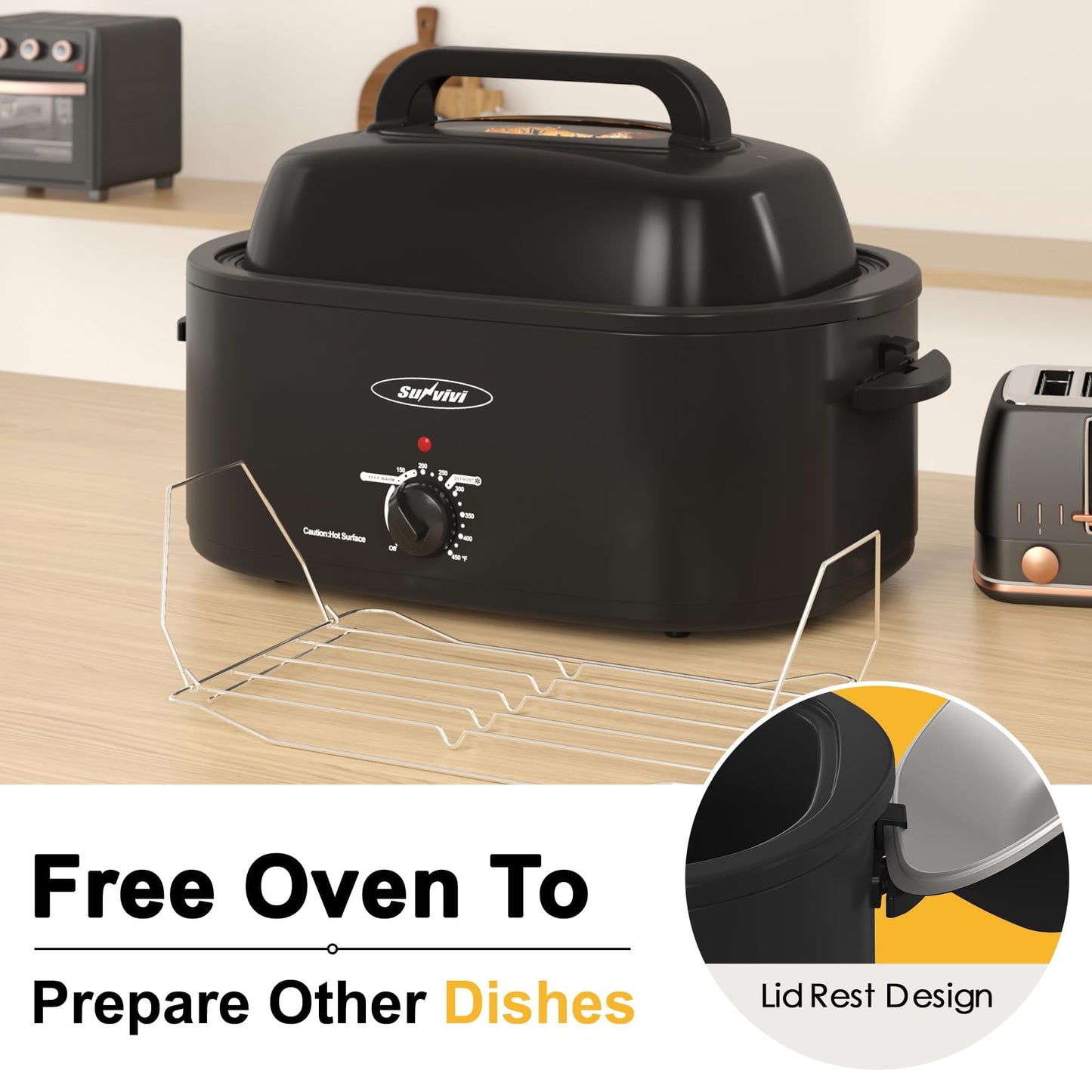 Sunvivi 24 Quart Electric Roaster Oven Turkey Roaster with Lid Electric Roasters with Removable Pan Large Roaster,Visible & Self-basting Lid, Fast Heating & Thaw/warming Setting,Black