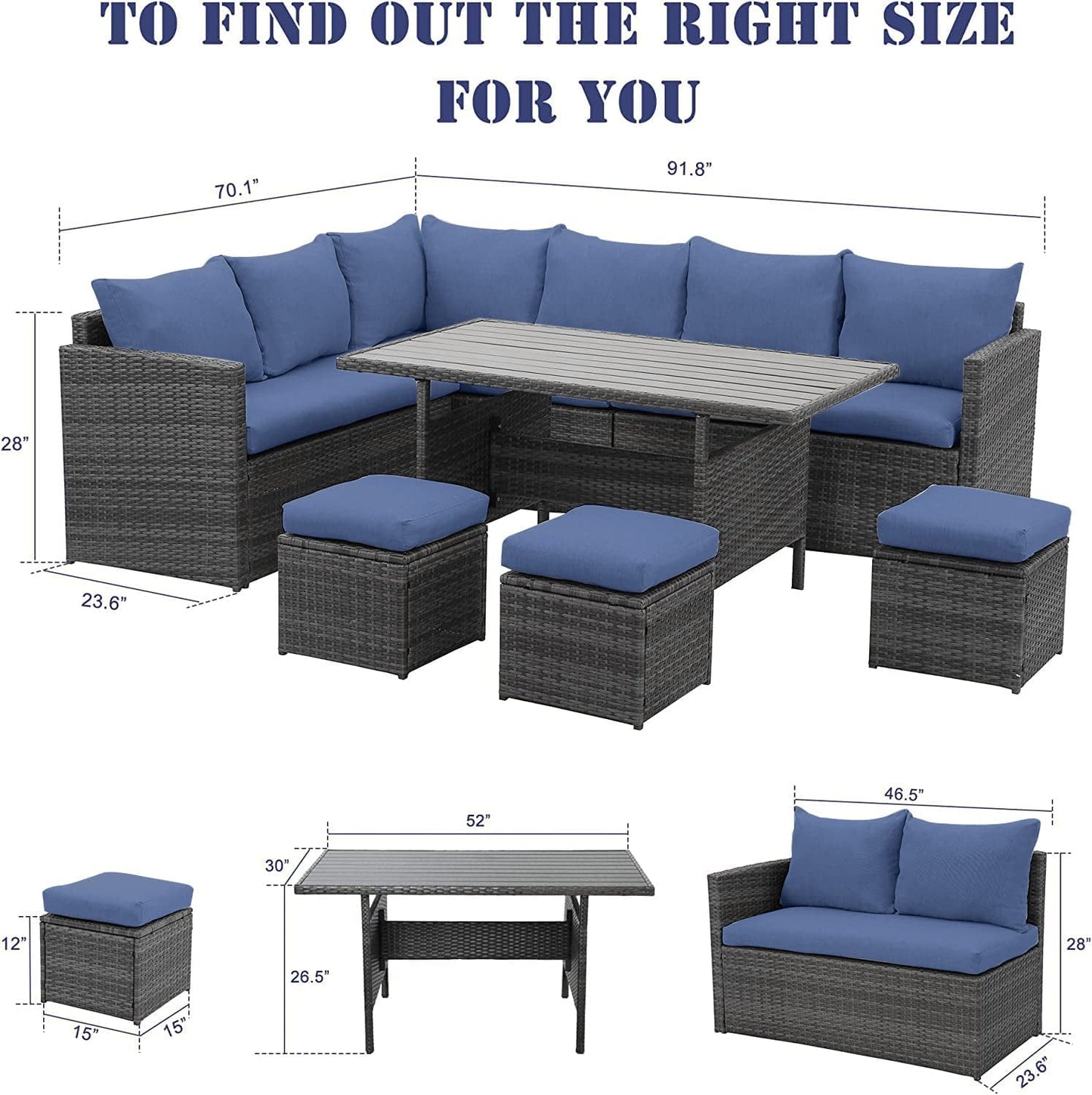 Superjoe 7 Pieces Outdoor Patio Furniture Set with Ottoman, Blue