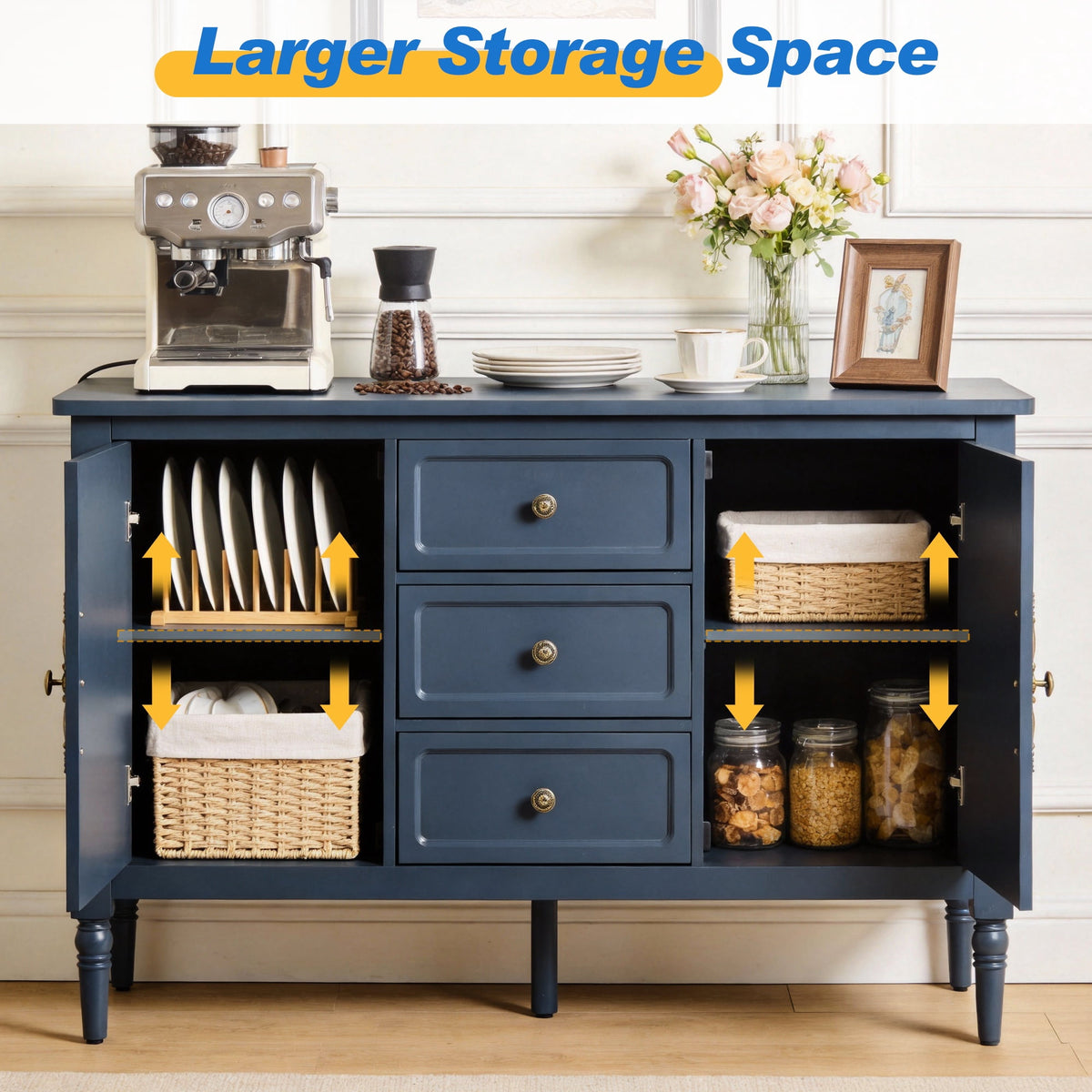 Heynemo 2-Door and 3 drawer Sideboard Cabinet Set of 2 with Storage and Adjustable Shelves, Accent Buffet Cabinet for Entryway, Living Room, Dining Room, Blue