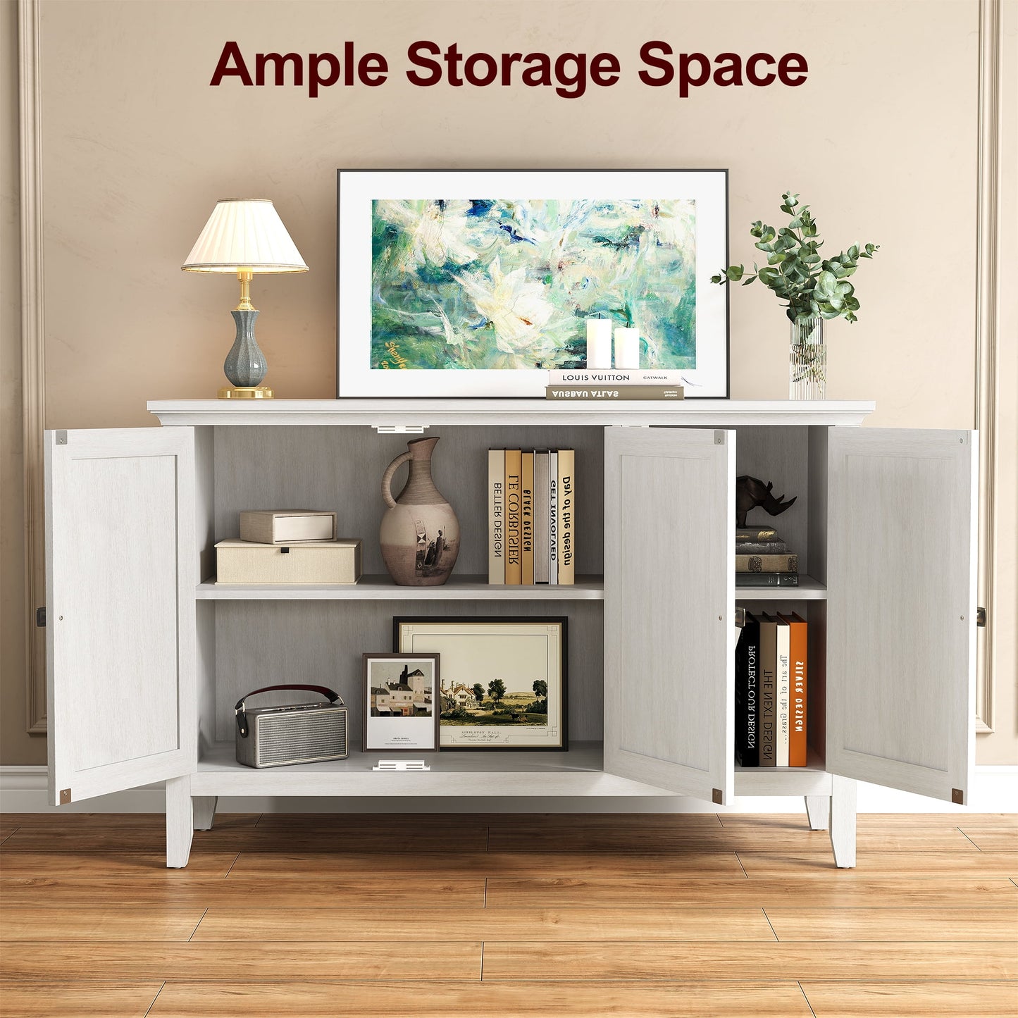 May in Color 3-Door Buffet Cabinet with Storage, Bohemian Sideboard with Adjustable Shelves, Wood Credenza Cabinet, Console Table for Bedroom, Living Room, Dining Room, Hallway, Grayish-White