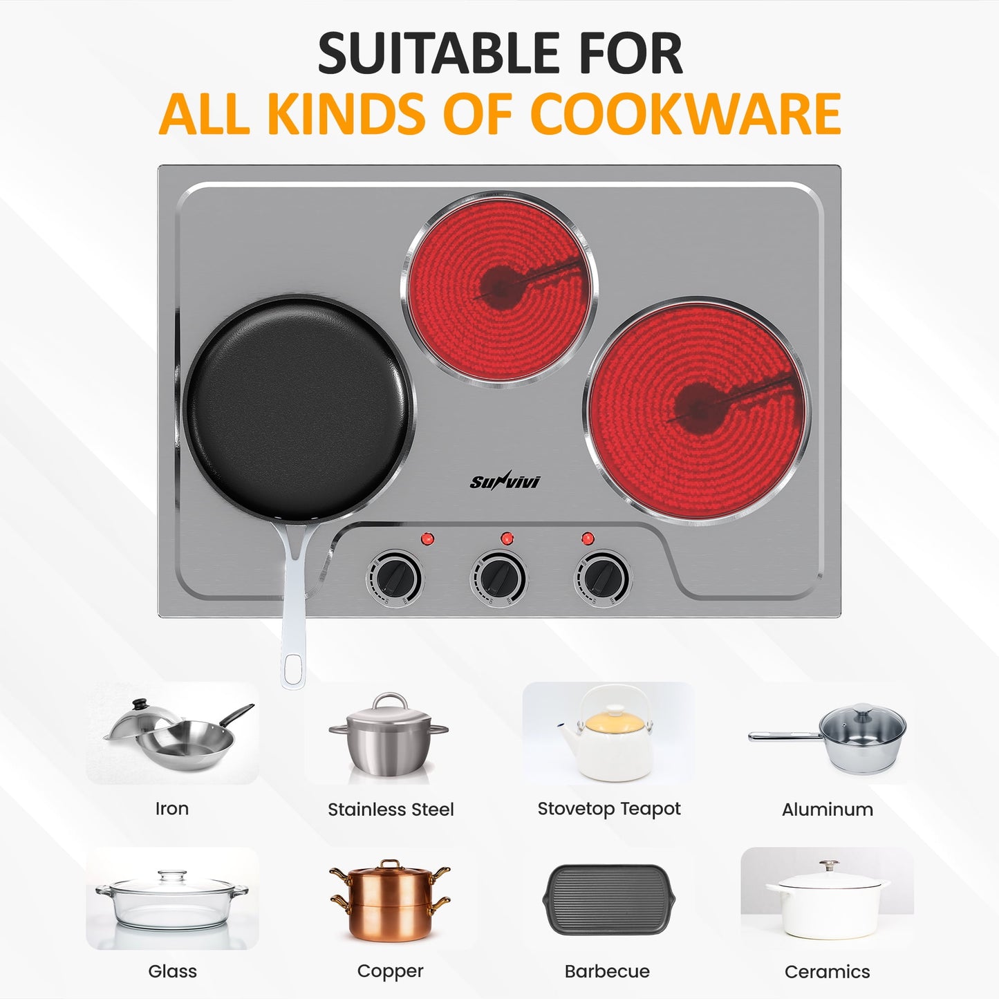 Sunvivi 1800W Three-burner portable electric ceramic stove - knob control, indicator light, compatible with all cookware, suitable for a variety of cooking scenarios, silver