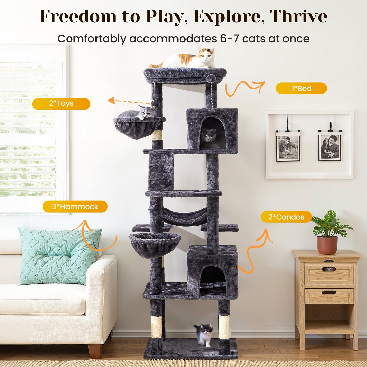 Multi-Level Large Cat Tree Tower for Large Cats with Scratching Posts, Condos, Perch, Hammocks & Toys ÿ Modern Indoor Cat Jungle Gym for 6-7 Cats, 23.6" x 19.7" x 73.2", Grey