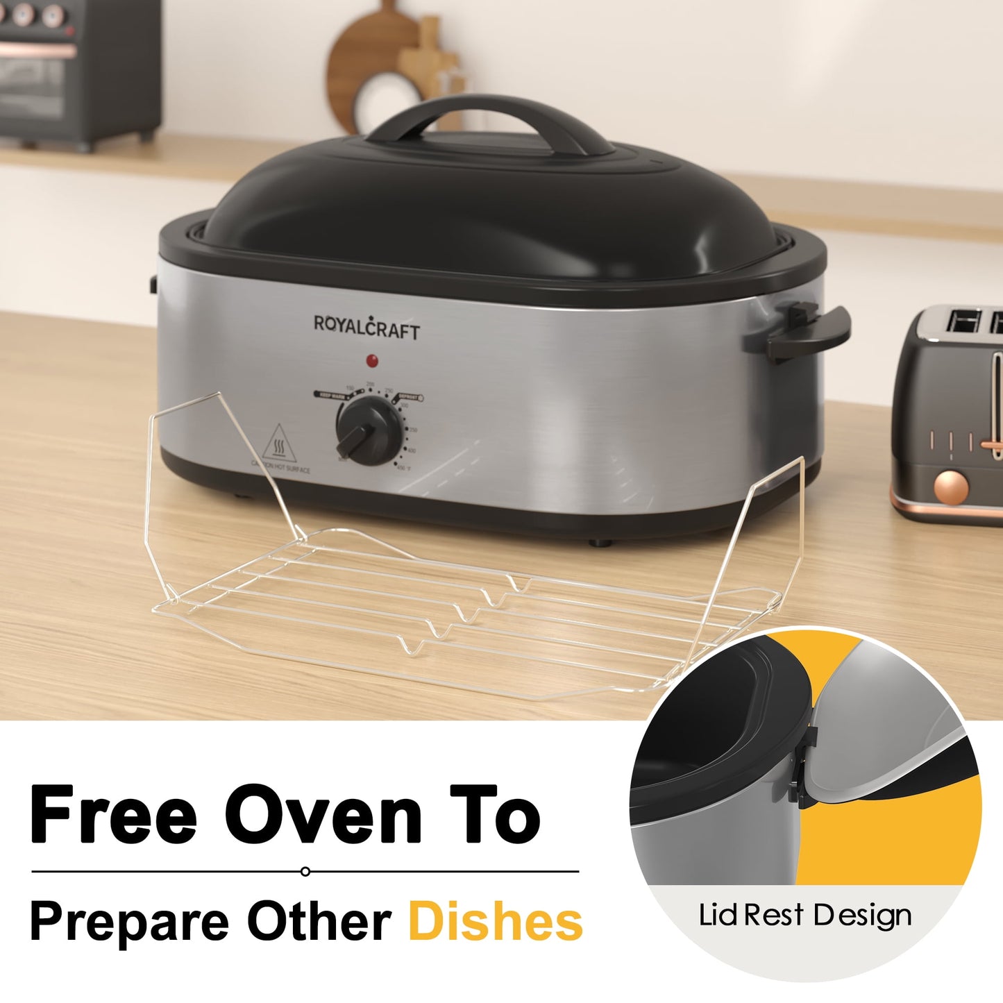 RoyalCraft 20 Quart Electric Roaster Oven with Self-Basting Lid, Stainless Steel, Silver