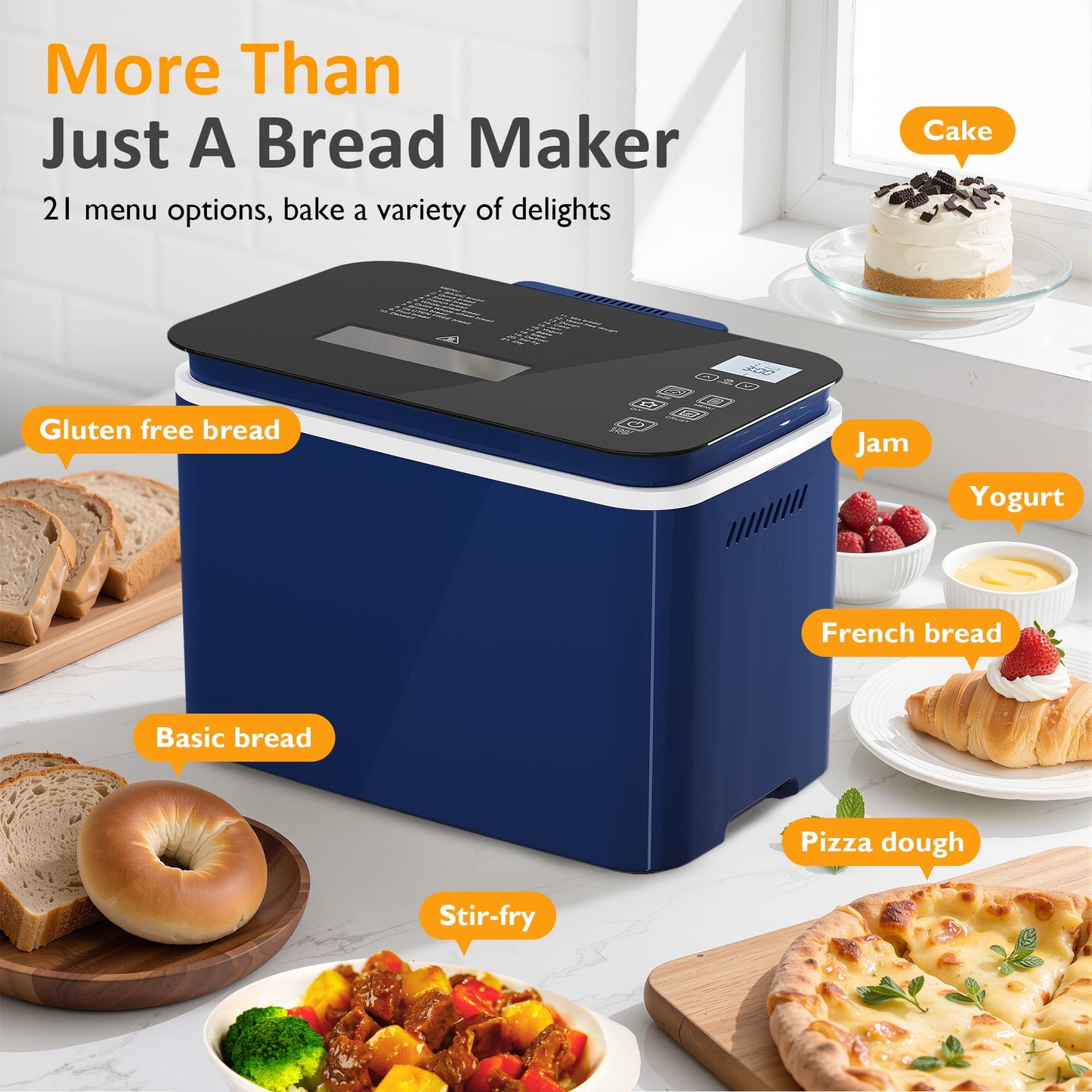 Heynemo 2.2LB Bread Maker, 21 Programs, 3 Loaf Sizes & Crust Colors, Digital Touch Panel, 15H Timer, Keep Warm Function, Blue