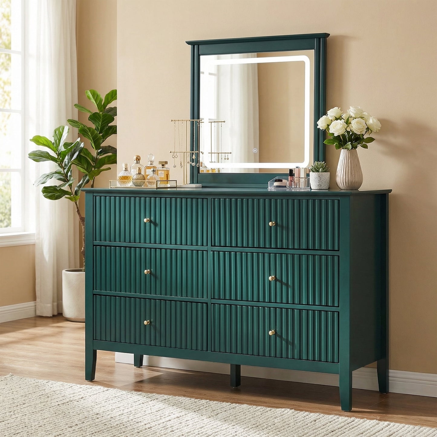 May in Color Fluted 6 Drawer Dresser, Wide Modern Chest of Drawers, Large Wood Storage Cabinet Organizer for Bedroom, Living Room, Hallway, Entryway, Green