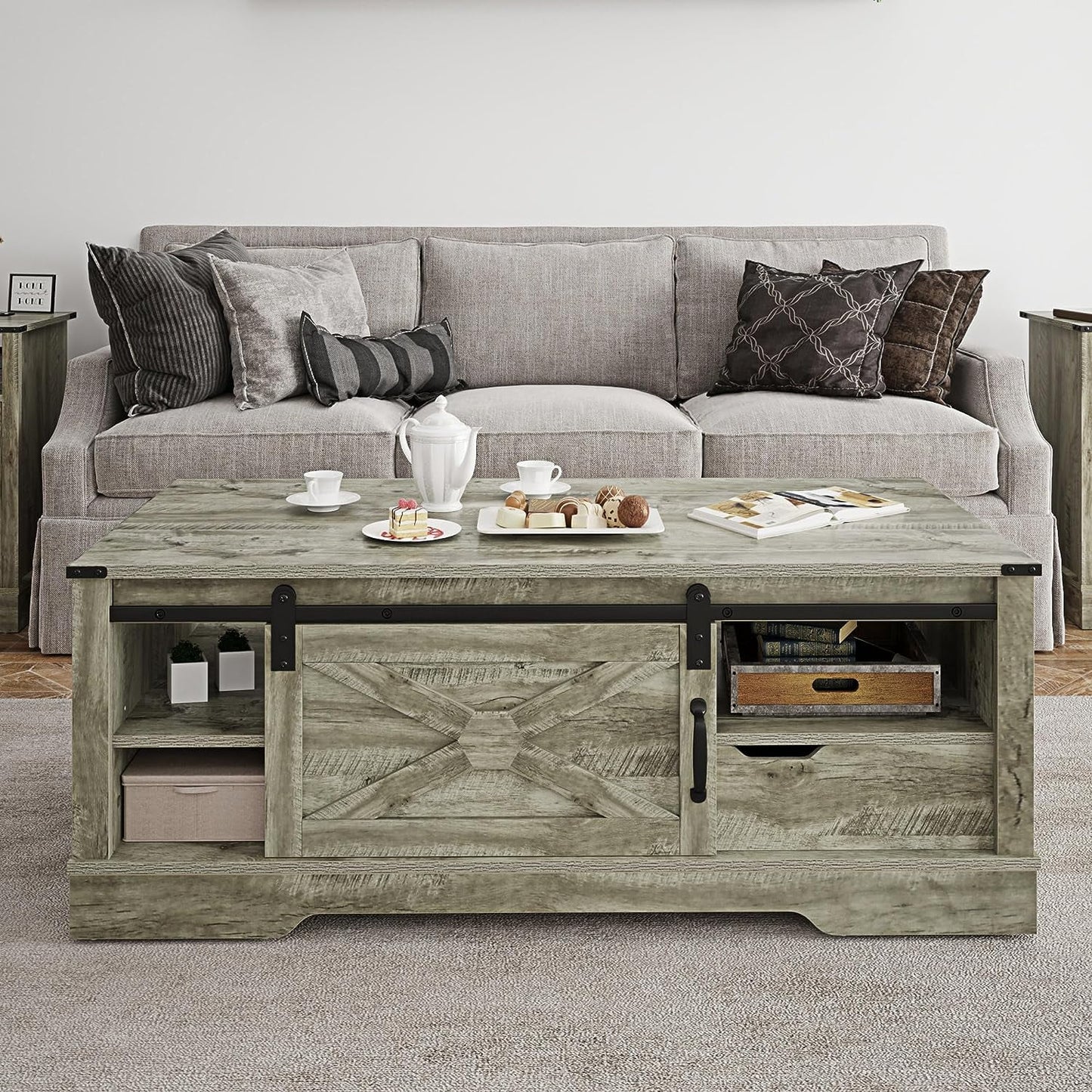 Superjoe 48" Farmhouse Coffee Table w/Storage & Sliding Barn Door Wood Rectangular Center Table w/Open Shelves for Living Room, Dark Gray