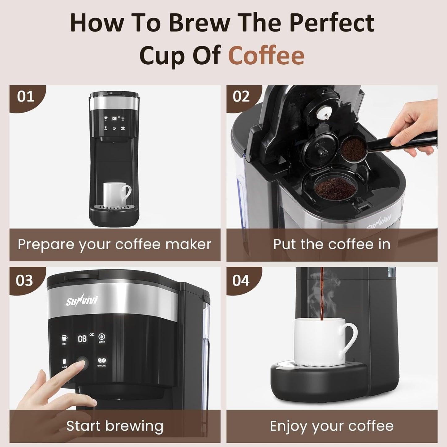 Superjoe Iced Coffee Maker, Single Serve Coffee Maker with 3 Brewing Options for K Cup Pod or Ground Coffee, 30oz Removable Water Reservoir & Reusable Filter, Ideal for Home & Office, Black