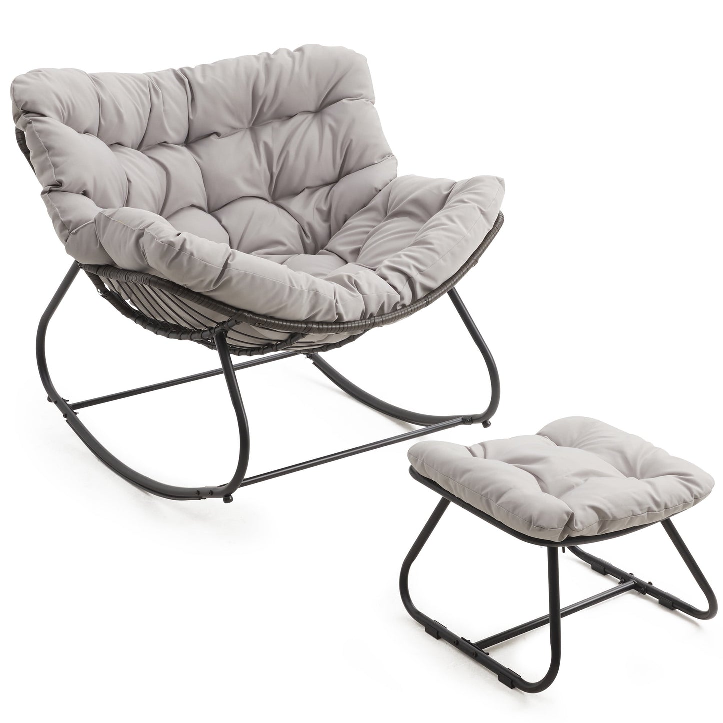 Heynemo Oversized Outdoor Wicker Rocking Chair with Ottoman, Patio Rattan Papasan Chair with Cushion & Foot Rest for Indoor Outside Porch, Garden, Living Room