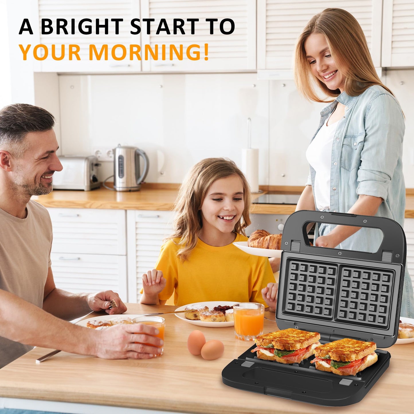 Heynemo Pro 3 in 1 Waffle, Grill & Sandwich Maker, Sandwich Maker Panini Press Waffle Iron Set with Removable Non-Stick Plates & Indicator Lights, Grill and Sandwich Press for Breakfast, 750W, Black