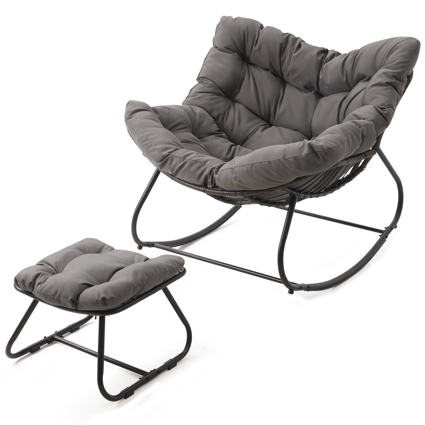 Heynem Patio Rocking Papasan Chair with Ottoman for Outdoor and Indoor, Outdoor Wicker Rocking Egg Chair with Cushion for Porch£¬Garden£¬Living Room