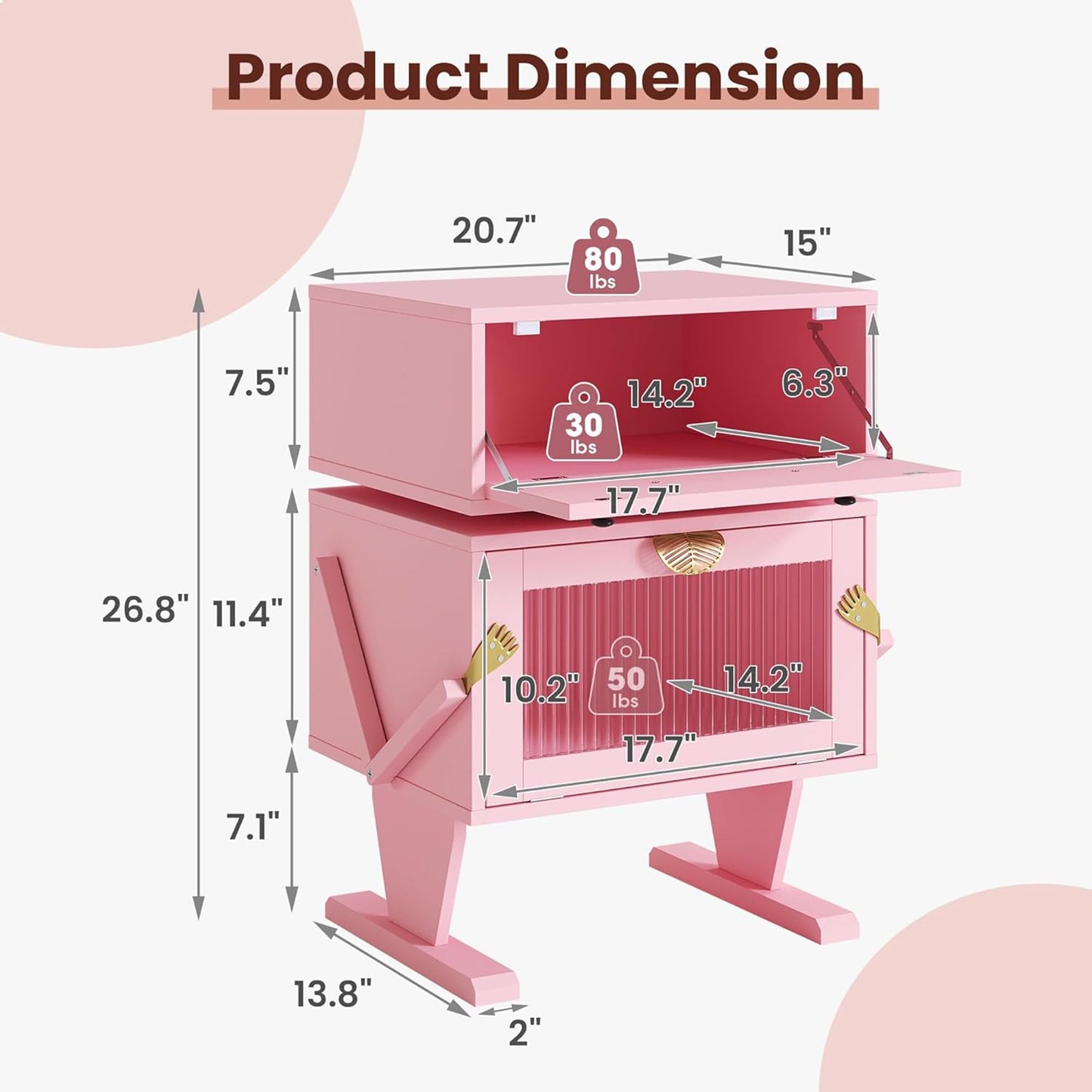 RoyalCraft Nightstand with LED Light Strips, Rotating Drawer & Glass Door Storage, Pink