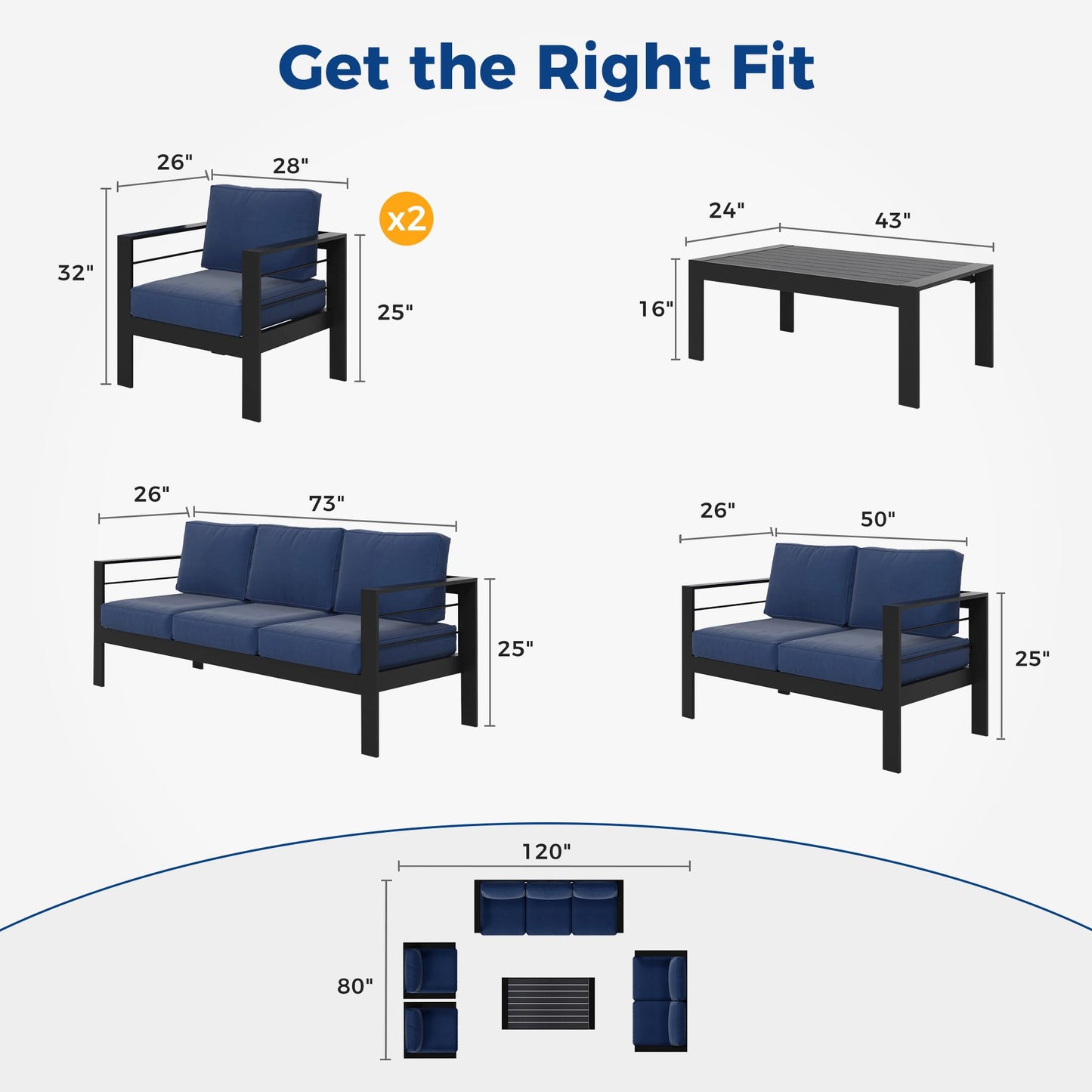 Heynemo Aluminum Outdoor Patio Furniture Set, 7 Seats Modern Patio Sectional Sofa Conversation Set, Outdoor Seating Set with Coffee Table for Deck Garden Backyard, Blue