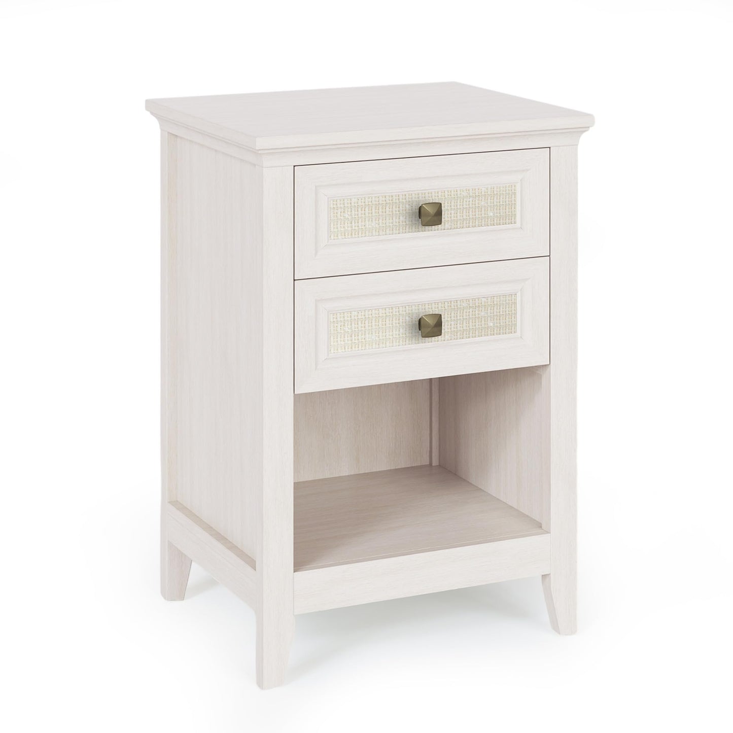 May in Color Boho Rattan Wood Accent Nightstand with Drawer, 27" Tall End Table with Storage Shelf, Grayish White Bedside Table, Chairside Couch Coffee Table