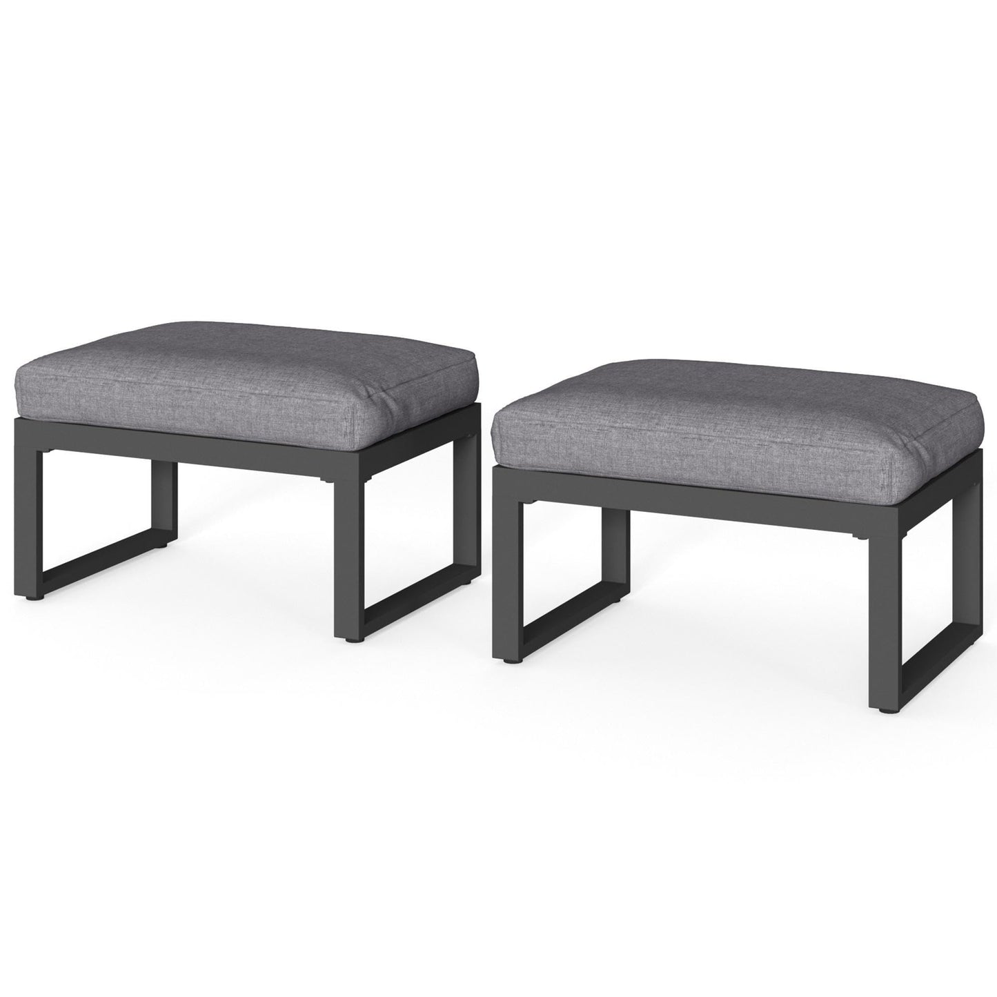 Heynemo 2 Pieces Aluminum Outdoor Patio Ottoman Set, Outdoor Foot Stools with Thick Cushion, Small Seat Furniture for Porch Balcony Backyard, Grey