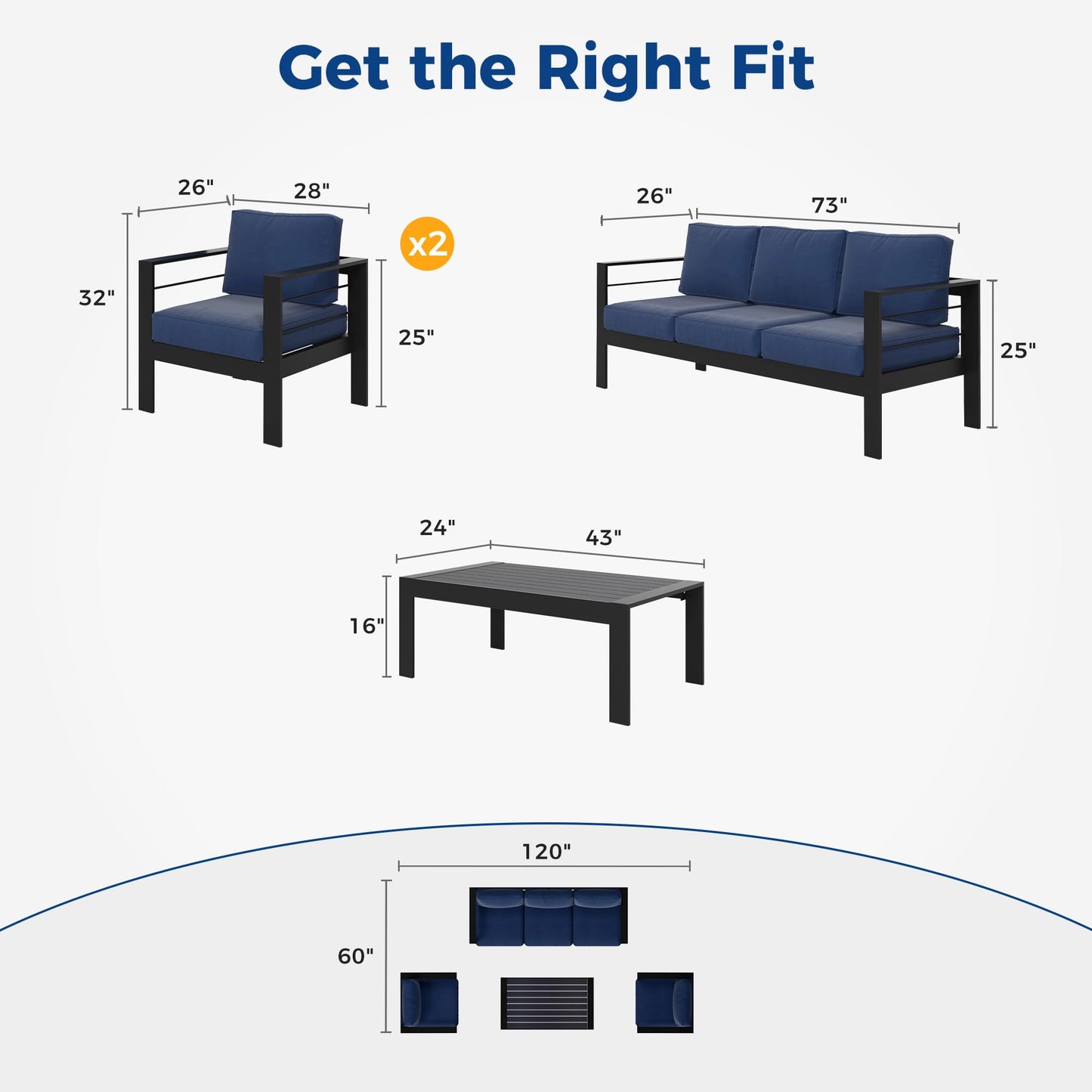 Heynemo Aluminum Outdoor Patio Furniture Set, 5 Seats Modern Patio Sectional Sofa Conversation Set, Outdoor Seating Set with Coffee Table for Deck Garden Backyard, Blue