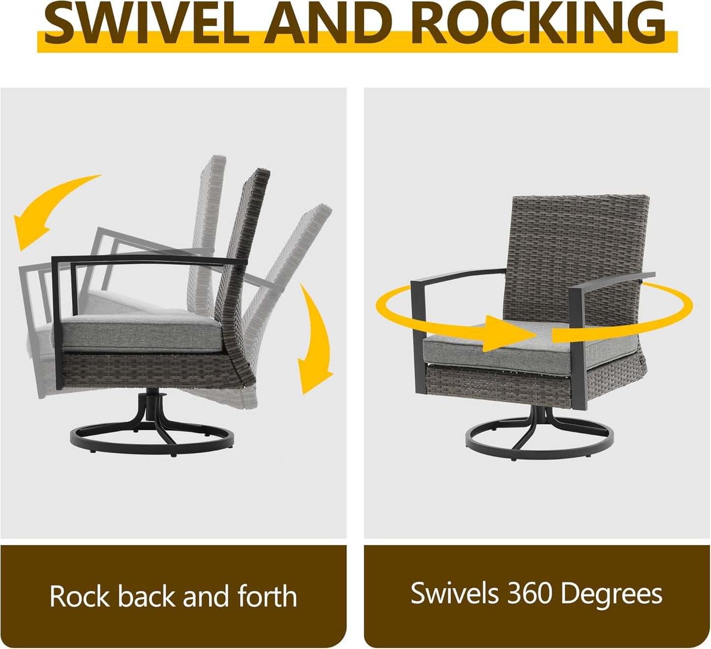 Superjoe Patio Swivel Dining Chairs with 360-Degree Rotating, All Weather Rattan Chairs with Water-Resistant Cushions & Metal Frame, Table, Modern Outdoor Rocking Chair for Porch, Bistro, Balcony, Grey