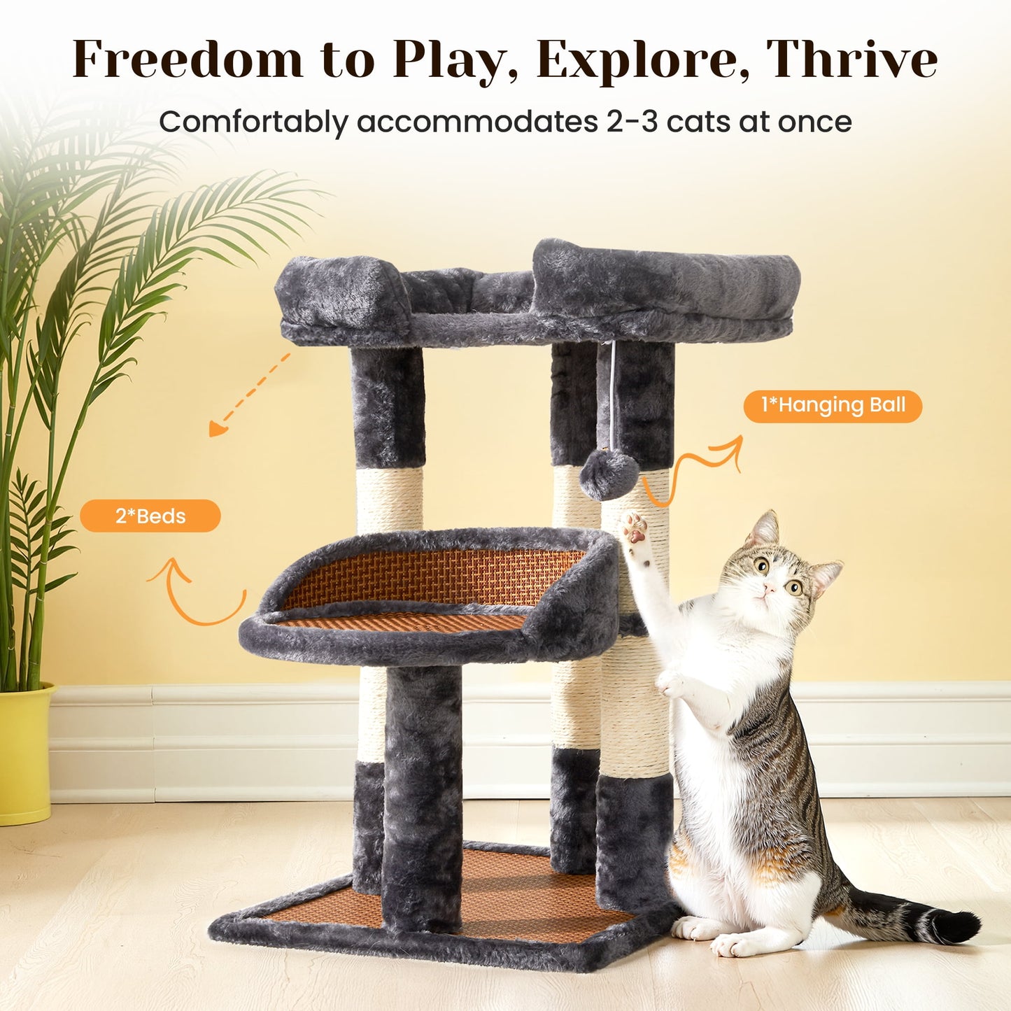 Heynemo Multi-Level Cat Tree with Sisal Scratching Posts & Cooling Mat - 2 Beds, Gray