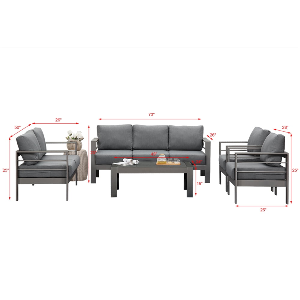 Superjoe 5 Pcs Outdoor Aluminum Furniture Set 7 Seats Patio Sectional Chat Sofa Set Metal Conversation Sofa with 5 Inch Cushion and Coffee Table for Balcony, Garden, Dark Grey