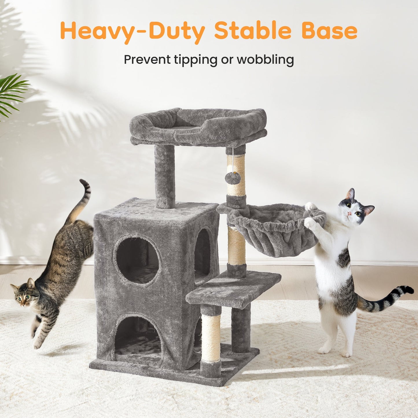 Heynemo Multi-Level Cat Tree Tower for Large Cats with Scratching Posts, Condos, Perch, Hammocks & Toys ¨C Modern Indoor Cat Jungle Gym for 2¨C3 Cats, 19.7" x 15.7" x 35.8", Grey