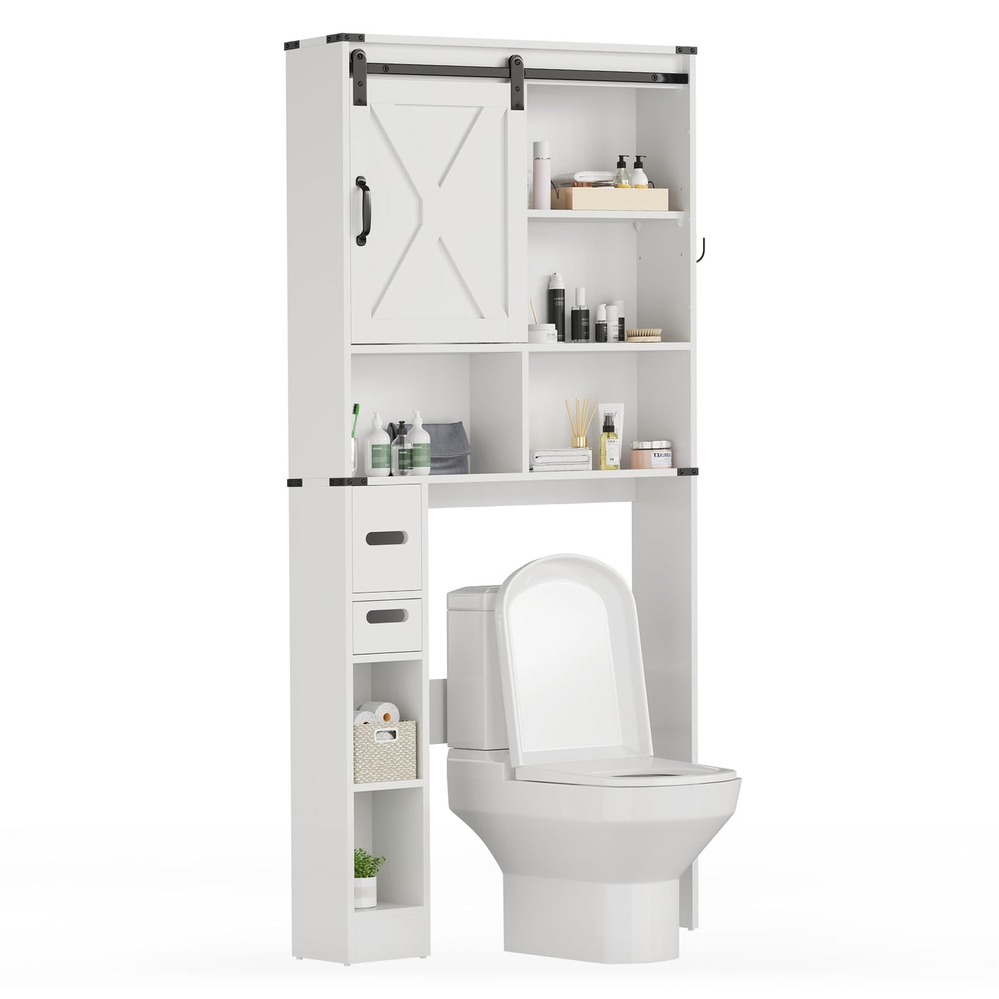 CozyHome Over The Toilet Storage Cabinet, Farmhouse Storage Cabinet Over Toilet with Sliding Barn Door, Home Space-Saving Toilet Rack, Behind Toilet Bathroom Organizer for Bathroom, White