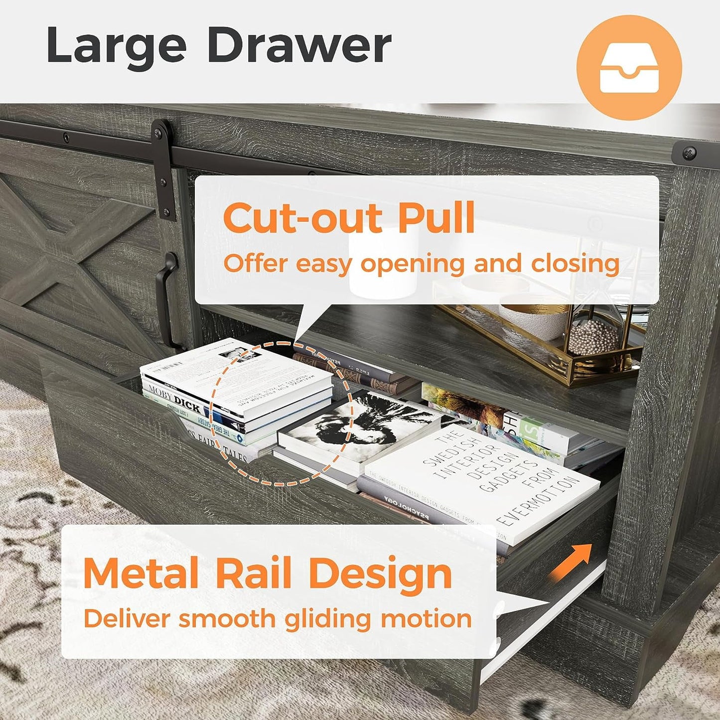 Superjoe 48" Farmhouse Coffee Table w/Storage & Sliding Barn Door Wood Rectangular Center Table w/Open Shelves for Living Room, Dark Gray