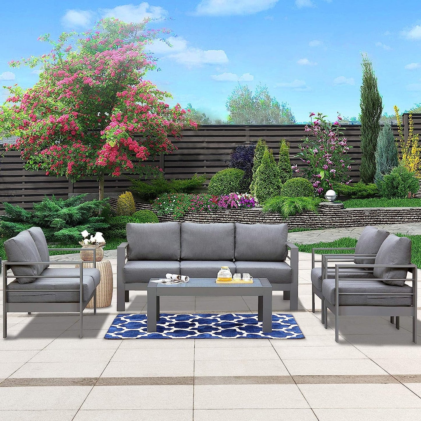 Superjoe 5 Pcs Outdoor Aluminum Furniture Set 7 Seats Patio Sectional Chat Sofa Set Metal Conversation Sofa with 5 Inch Cushion and Coffee Table for Balcony, Garden, Dark Grey