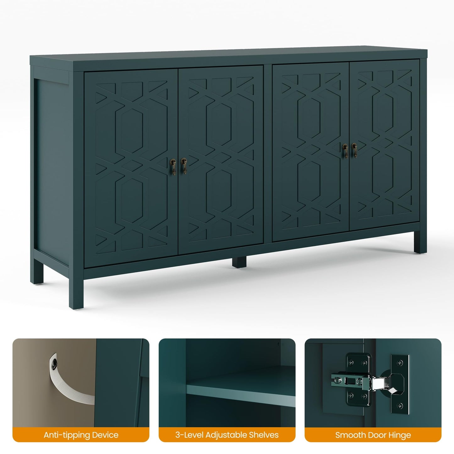May in Color Sideboard Buffet, 58" Modern Buffet Cabinet with 4 Doors and Adjustable Shelves, for Entryway, Dining Room, Living Room, Bedroom, Turquoise