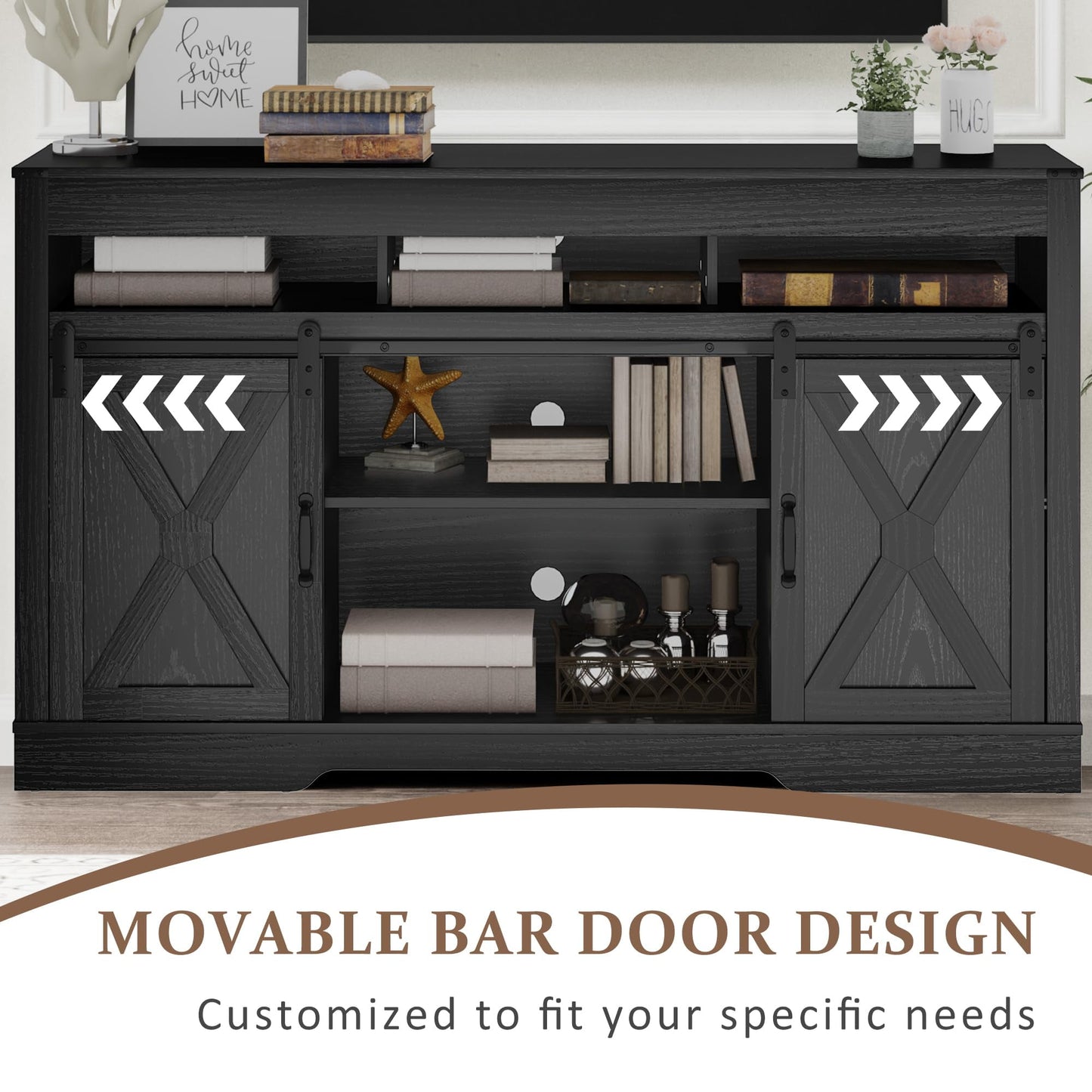 CozyHome Farmhouse TV Stand with Sliding Barn Door for TVs up to 65+ Inch, 34" Tall Entertainment Center, Wood Media Console Storage Cabinet for Bedroom, Living Room, Black