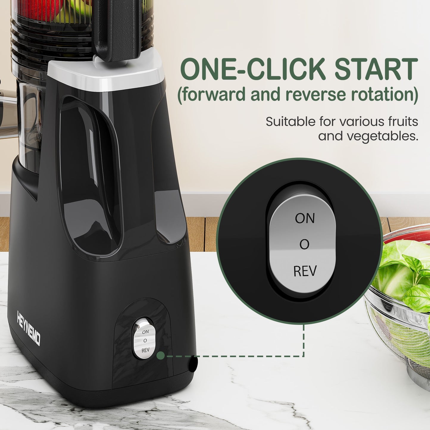 Heynemo Cold Press Juicer Machine, 5.9" Wide Feed Chute, Masticating, Dual-Layer Strainer - Black