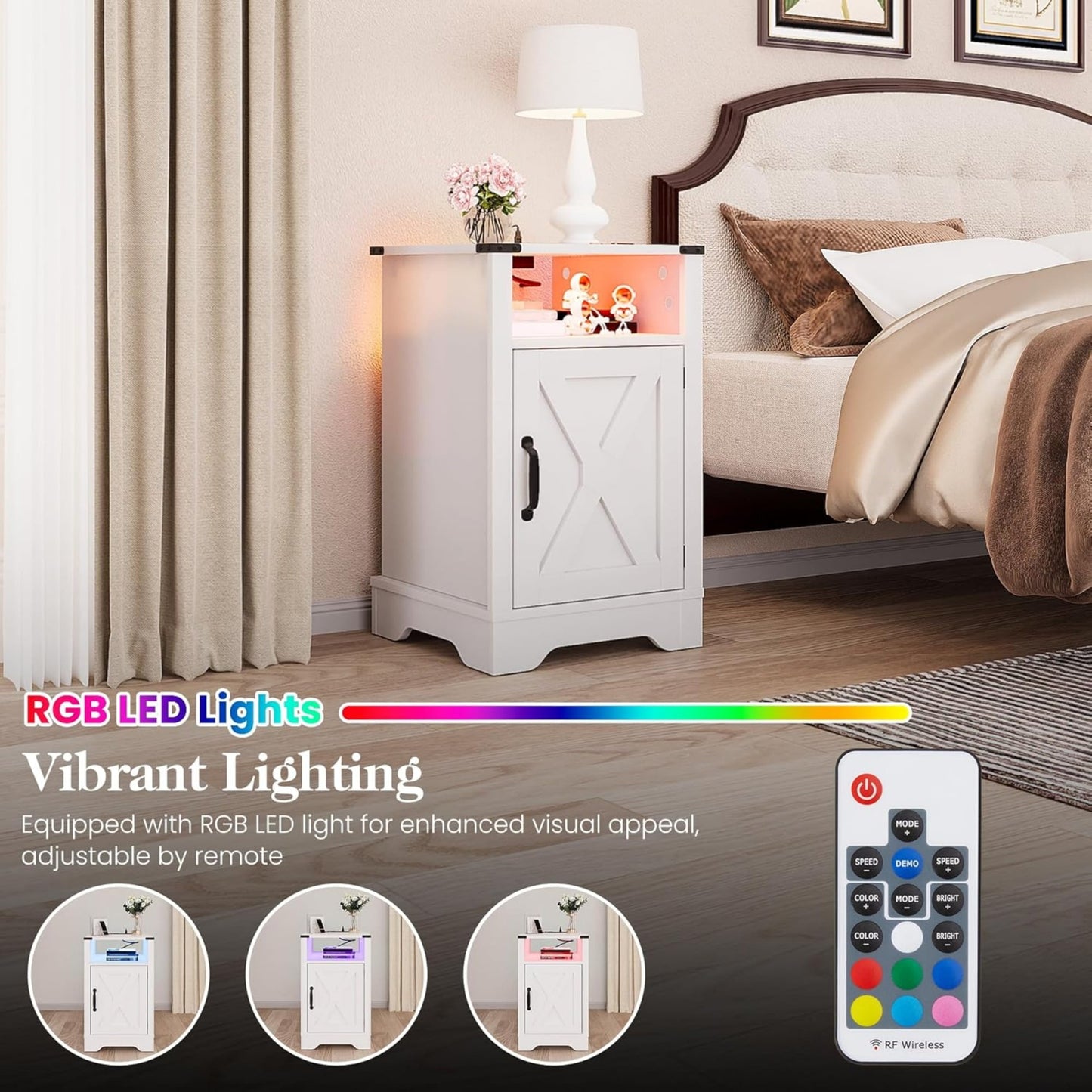 CozyHome LED Nightstand Set of 2 with Charging Station, Bedside Table with Storage Cabinet and Shelf, Rustic End Table, Farmhouse Wooden Side Table, for Bedroom, Living Room, White