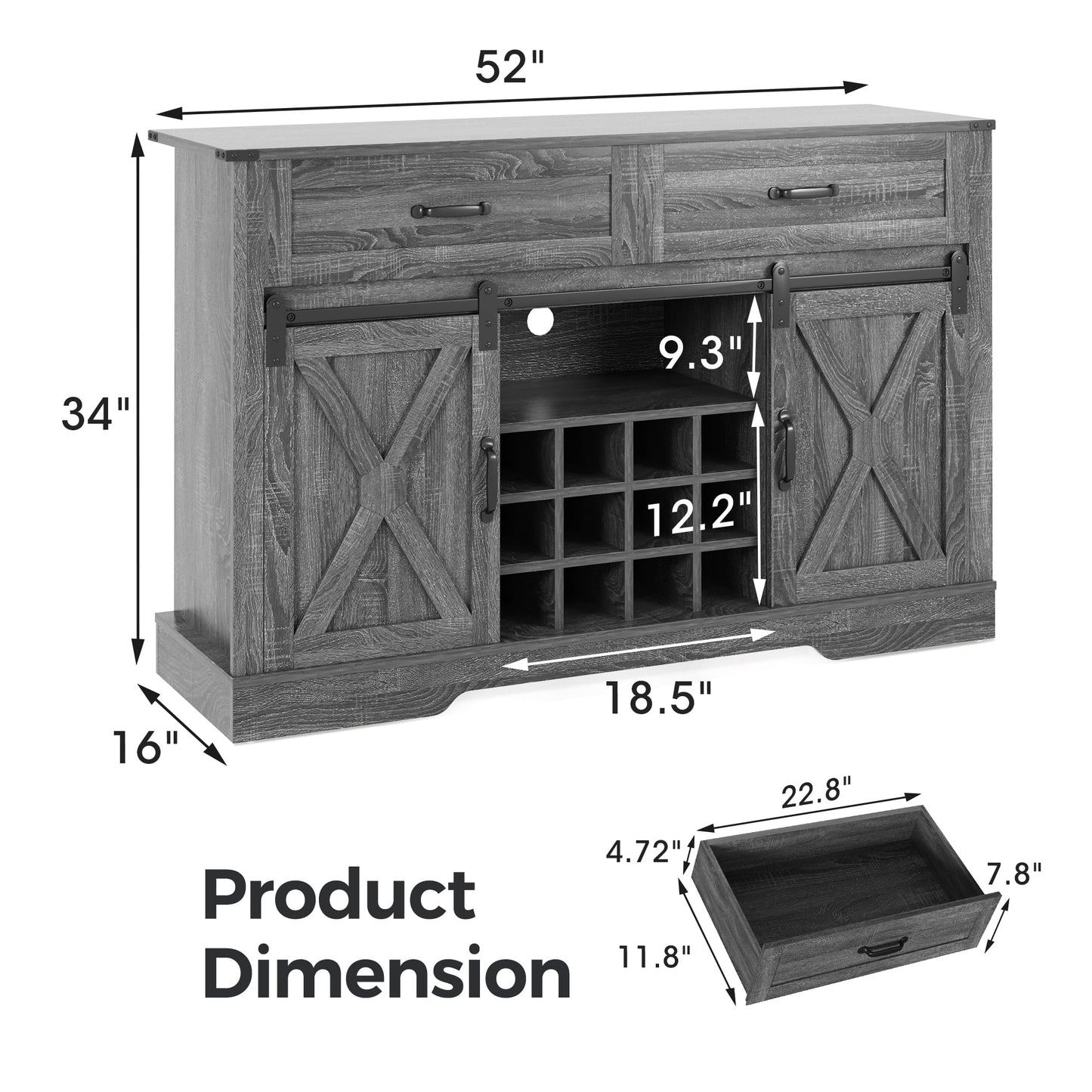 CozyHom Farmhouse Coffee Bar Cabinet, Buffet Sideboard Cabinet With 2 Drawers, Kitchen Storage Cabinet With Sliding Barn Door, Dark Gary